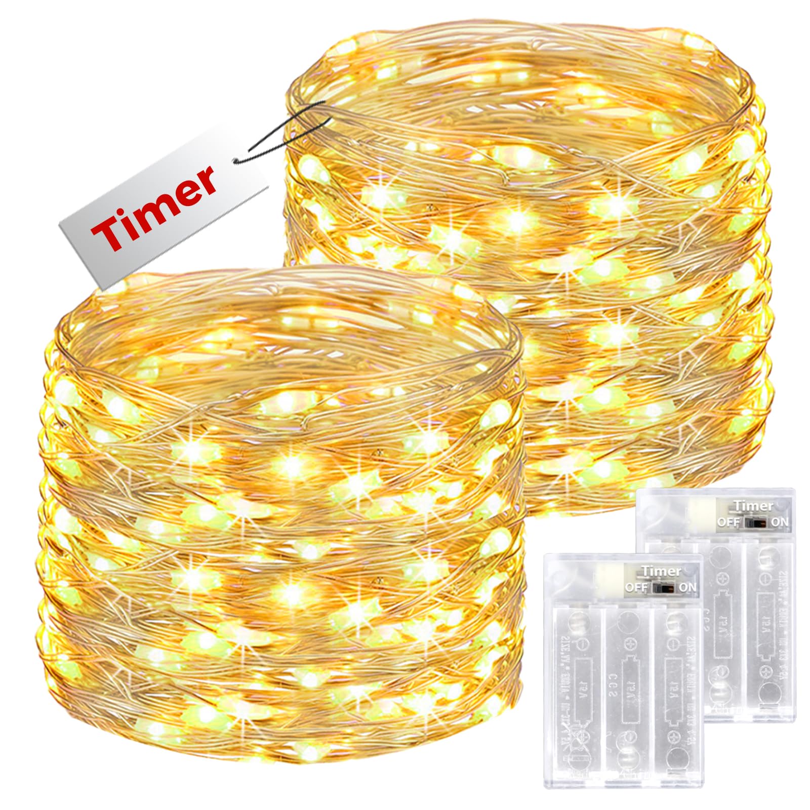 bitjam 12M 120LED Battery Fairy Lights with Timer, 2 Pack Fairy String Light Battery Operated, Waterproof Copper Wire Christmas Decor Battery Powered Indoor for Wedding Party Bedroom Garden-Warm White
