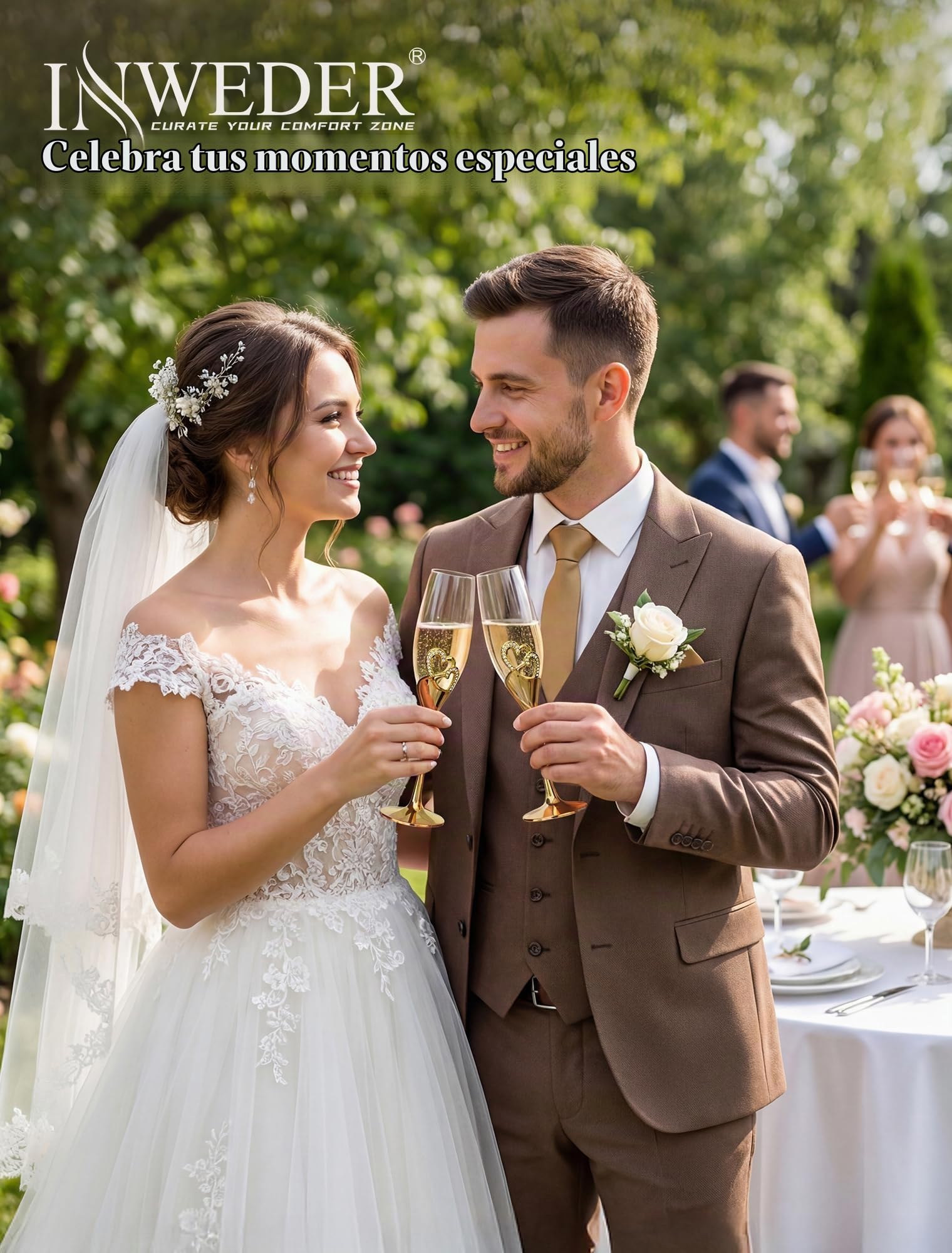 Copas de Champán Dorado para Boda: con Caja Regalo de Madera, 2 Pcs | Capacidad de 200 ml, Cristal Sin Plomo, Tallo Metálico, para Compromiso, Aniversario, Despedida de Soltera, Novios, Brindis