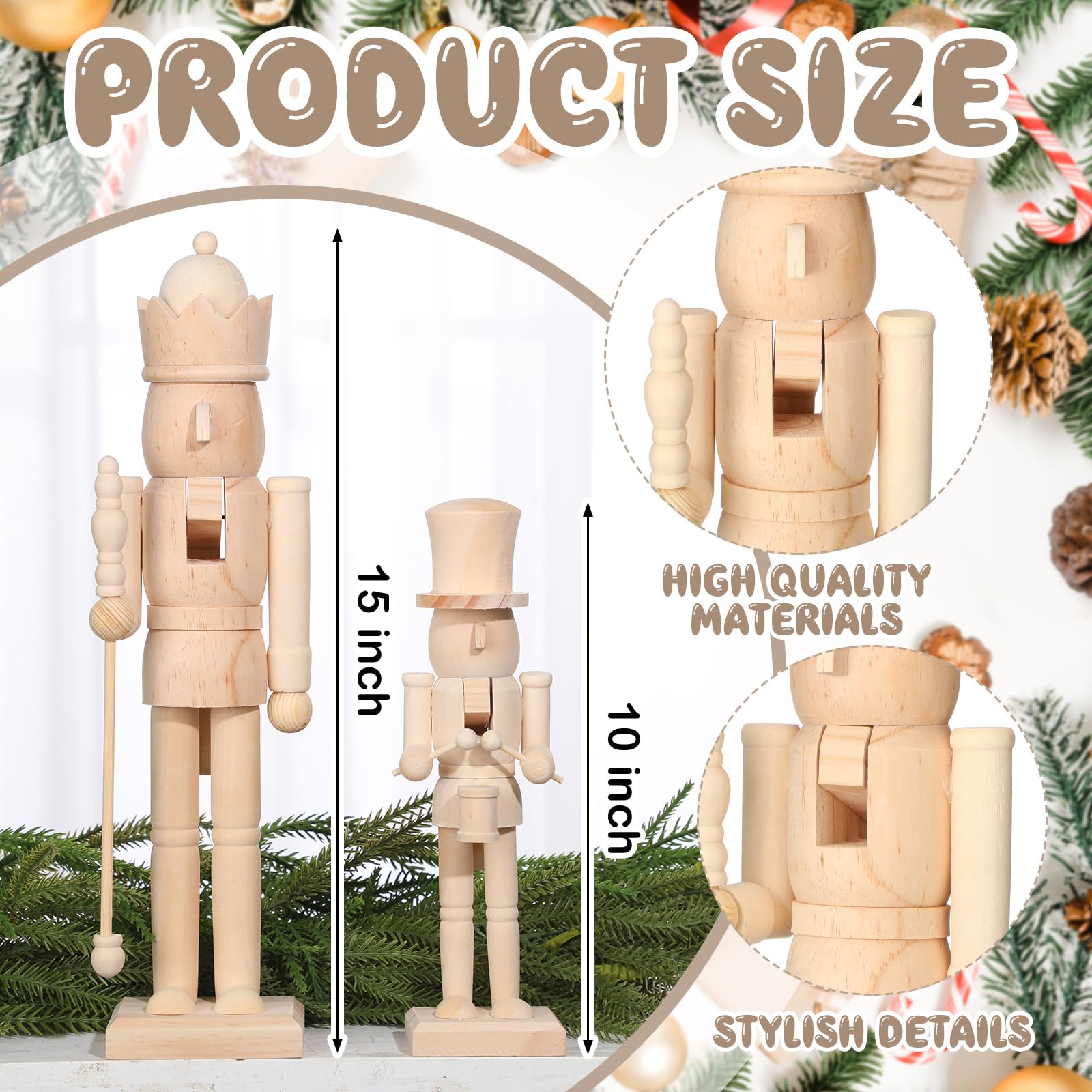 Quzzil 2 Pcs Christmas Nutcracker Ornaments 15'' 10'' Traditional Nutcracker Figures Christmas Decor Soldier Festive Collectible Gift for Table Fireplace Home(Log Color,Wooden)