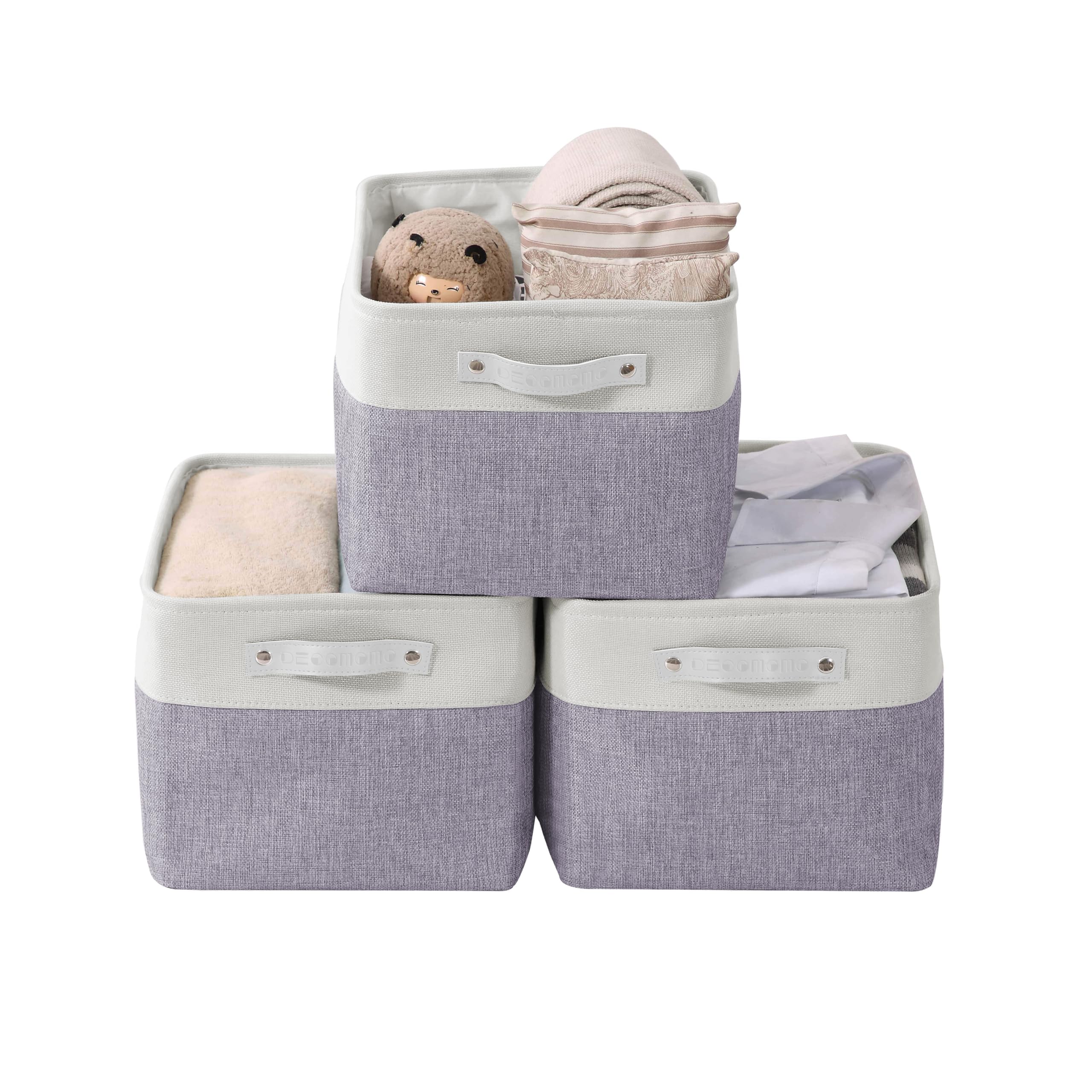 DECOMOMO Storage Bins Fabric Storage Baskets for Shelves, Linen Closet Organization Toys Nursery (Purple and White, Large - 3 Pack)