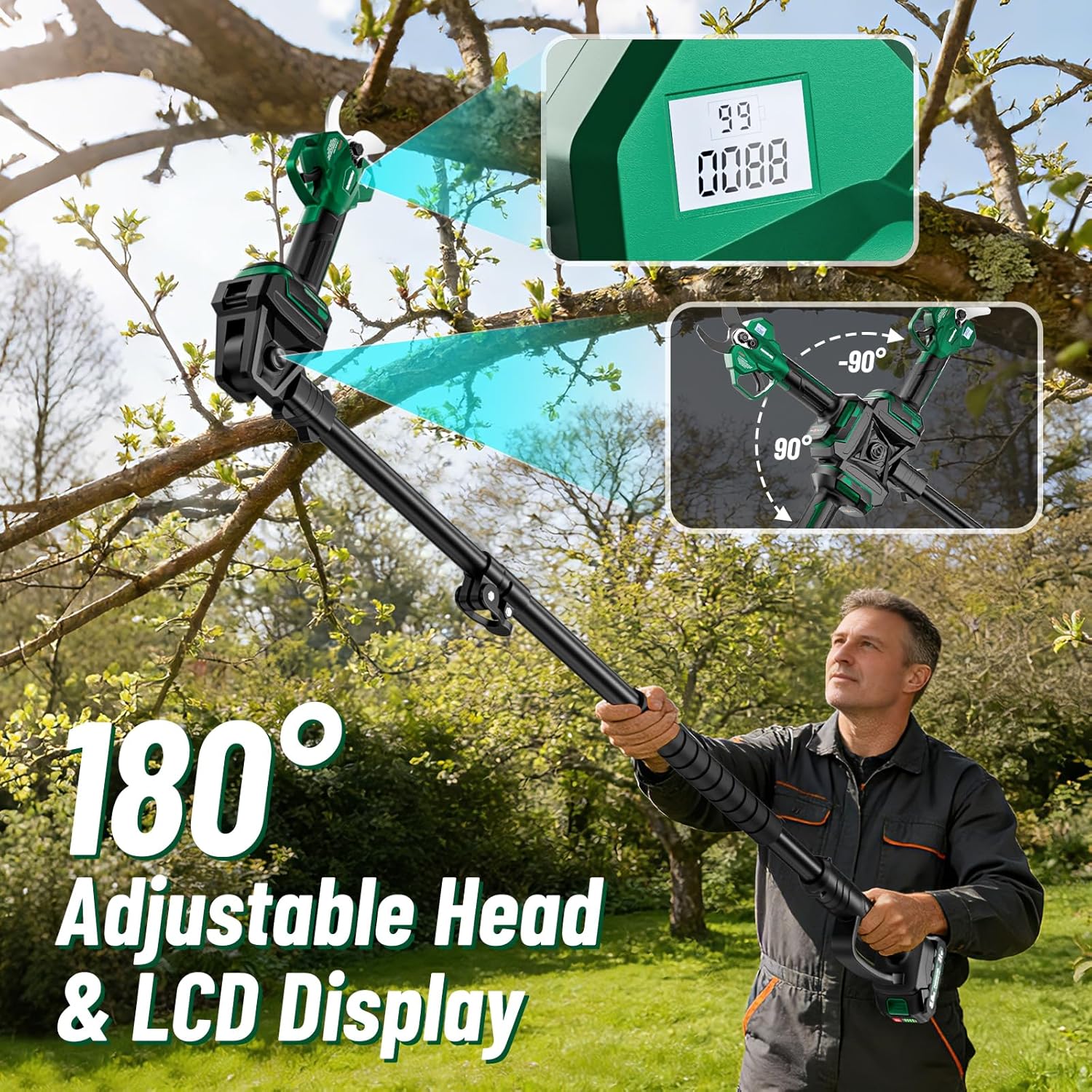 2-in-1 Electric Pruning Shears with Extension Pole, 1.6" Cutting Diamete Cordless Electric Scissors with Brushless Motor, Dual 2.0Ah Batteries, LCD Display, Sk7 Blade for High Branch & Garden Trimming