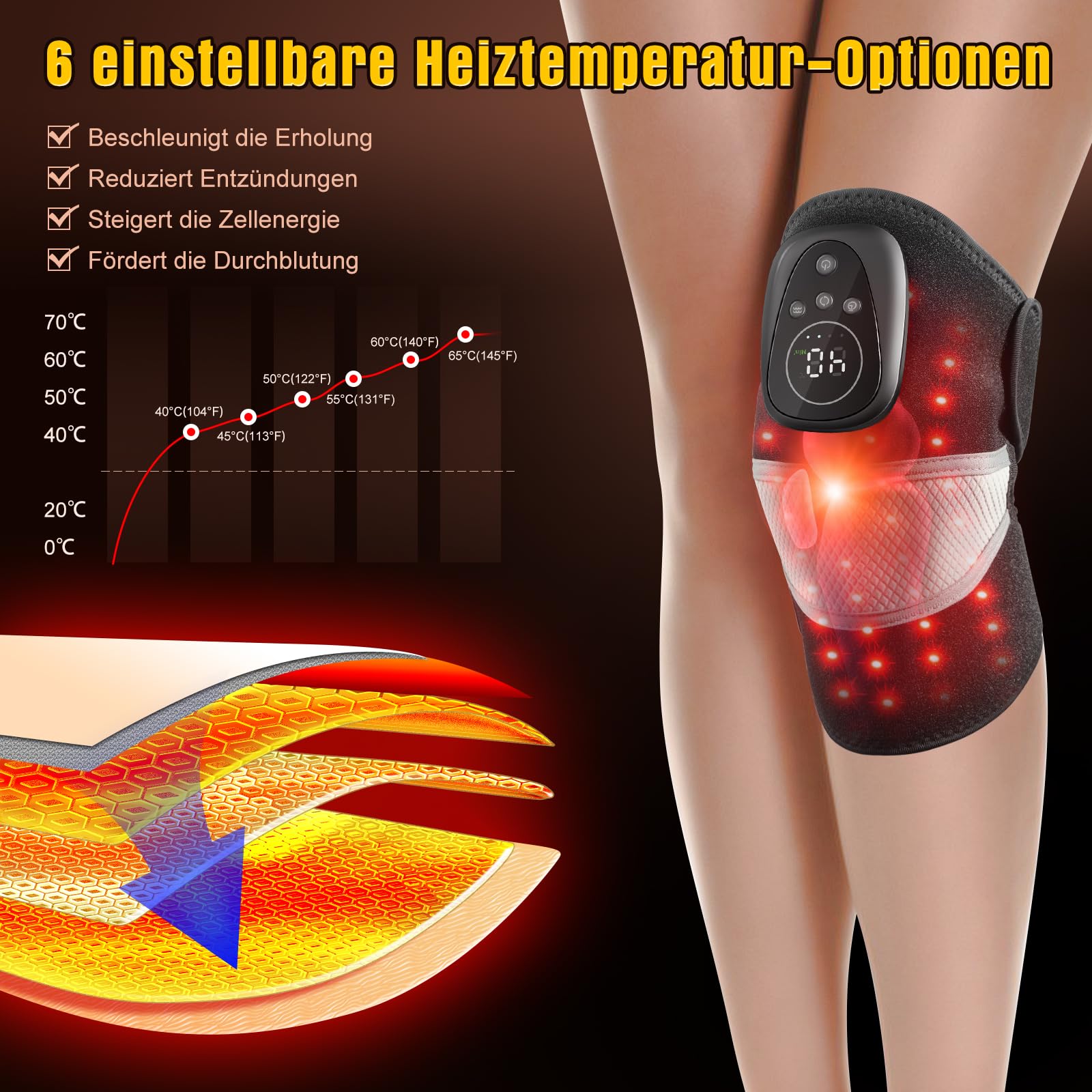Kabelloses Knie - Massagegerät Mit Rotlicht Heizbare Kniebandage Arthritis Schmerzlinderung 3 - in - 1 Heizkissen Vibrationsfunktion Für Knie, Schulter, Ellbogen 5000 mAh Akku Bandage
