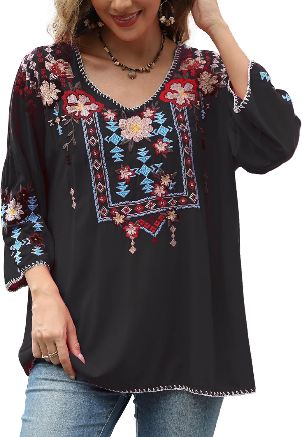 AK Women's Mexican Embroidered Tops 3/4 Sleeve Boho Hippie Plus Size Shirts for Ladies Casual Loose Peasant Blouse - Image 5