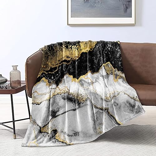 Bedbay Black Gold Marble Throw Blanket for Couch Sofa Bed Flannel Throw Blanket Modern Marble Textured Travel Blanket Soft Lightweight Plush Fuzzy Blanket for Summer(Grey Gold,Throw(50"x60"))