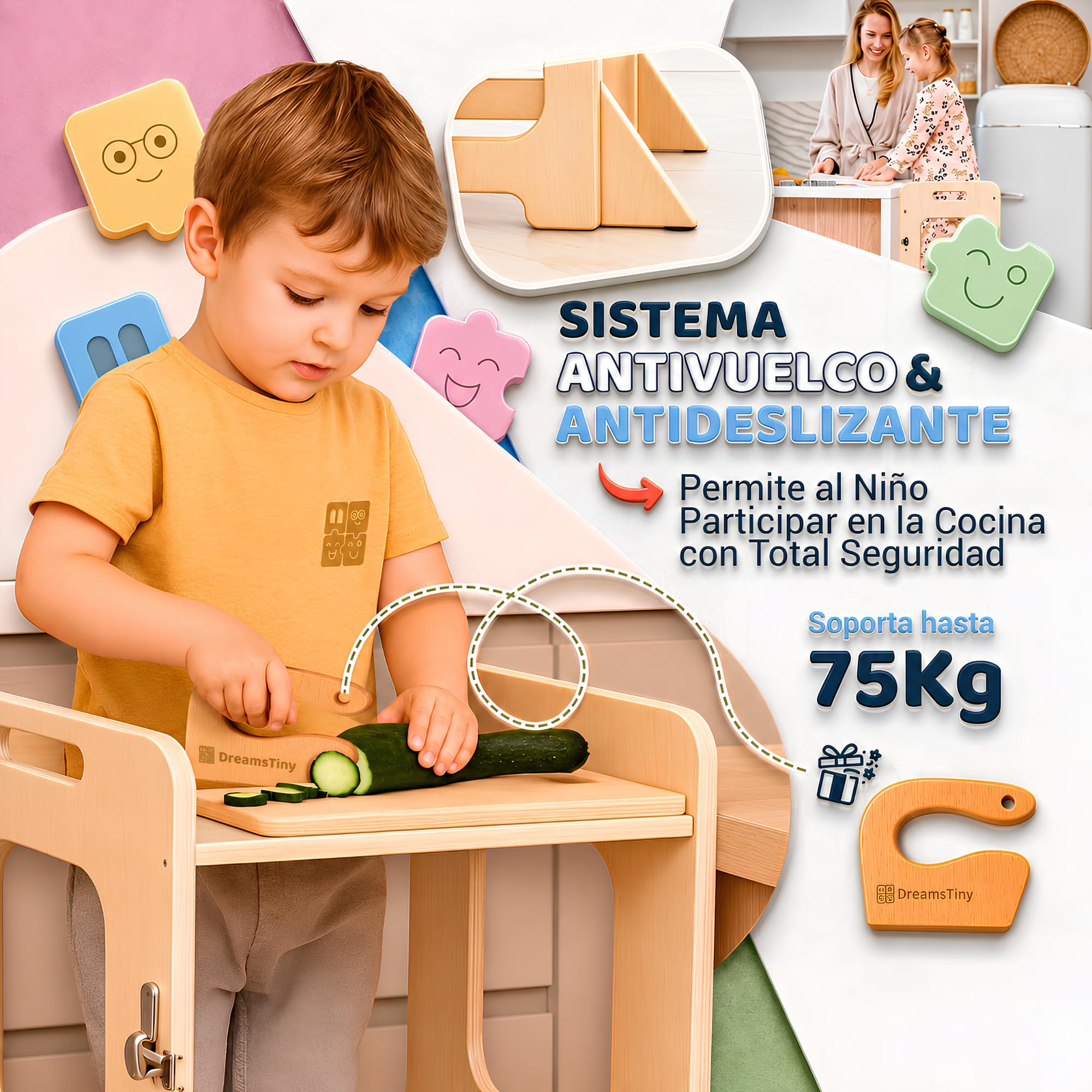 Torre de Aprendizaje Plegable 3 en 1, +18 Meses, Antivuelco