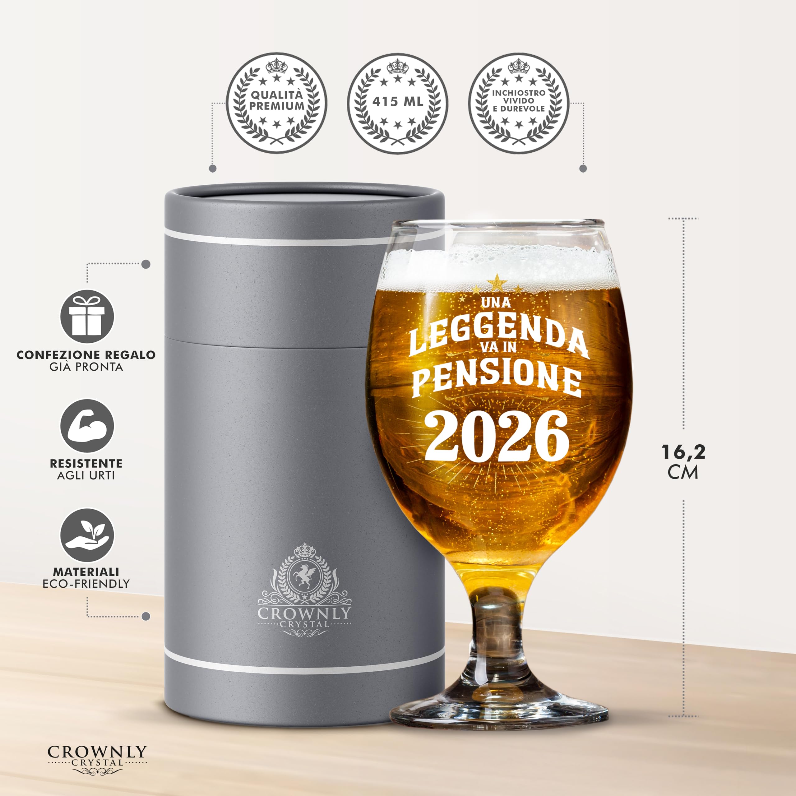 CROWNLY CRYSTAL Bicchiere Da Birra Personalizzato Regalo Pensione Uomo Con Scritta Una Leggenda Va In Pensione 2026 In Vetro Elegante Con Scatola Regalo Premium Per Festa Pensionamento