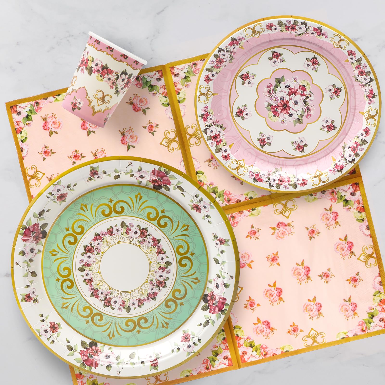 Snapklik.com : 96 Pcs Party Plates, Floral Pink And Green Vintage Paper ...
