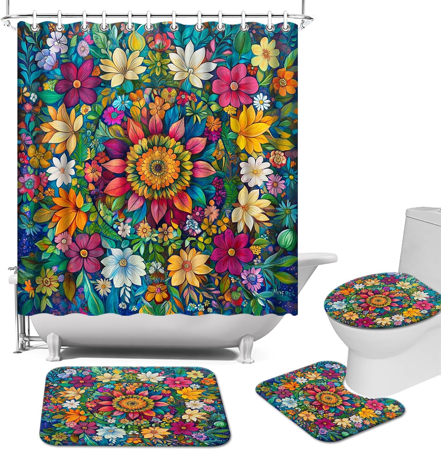 4 Pcs Vibrant Floral Explosion Bathroom Set: Shower Curtain, Bath Mat, Toilet Lid Cover & Rug - Multi-Color Flower Burst Design with Hooks for Cheerful Botanical Decor