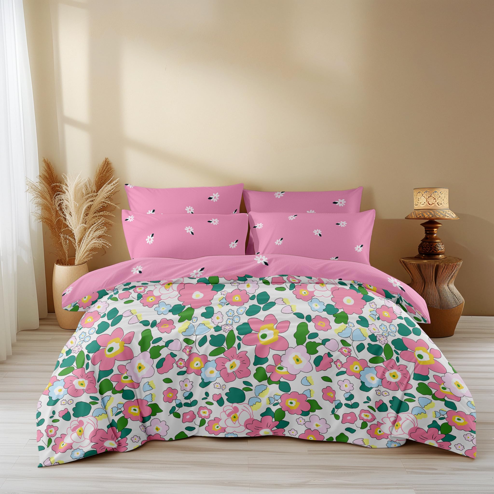 300 TC Cotton All Season King Size Ac Comforter || Blanket || Duvet with 1 King Size Flat Bedsheet 108X108 Inch and 2 Large Pillow Cover - 4 Piece Comforter Set - PinkFlowers
