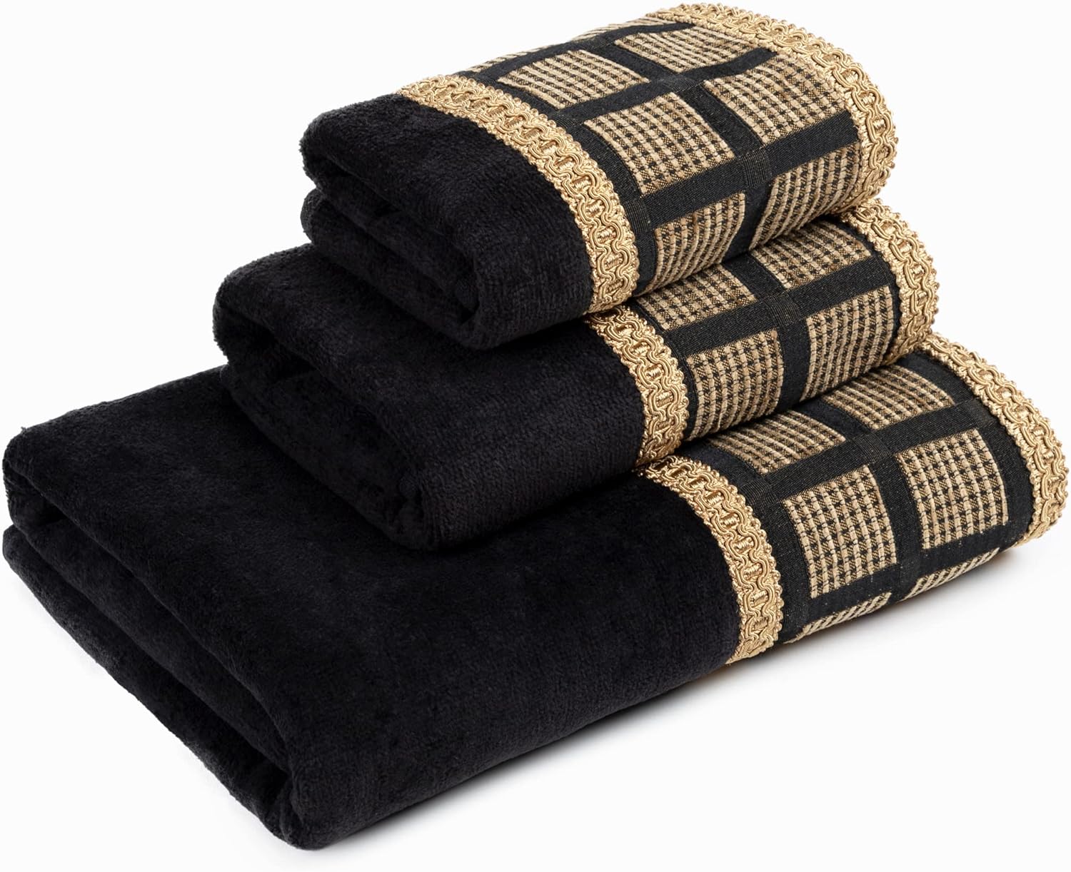 Sherry Kline Empire Dots 3-Piece Decorative Towel Set, with Jacquard Fabric & Double Rows Gimp Trim, Pure Cotton 1 Bath, Hand & Tip Towel, Extra Absorbent, Super Soft Bath Towels (Nugget Gold)