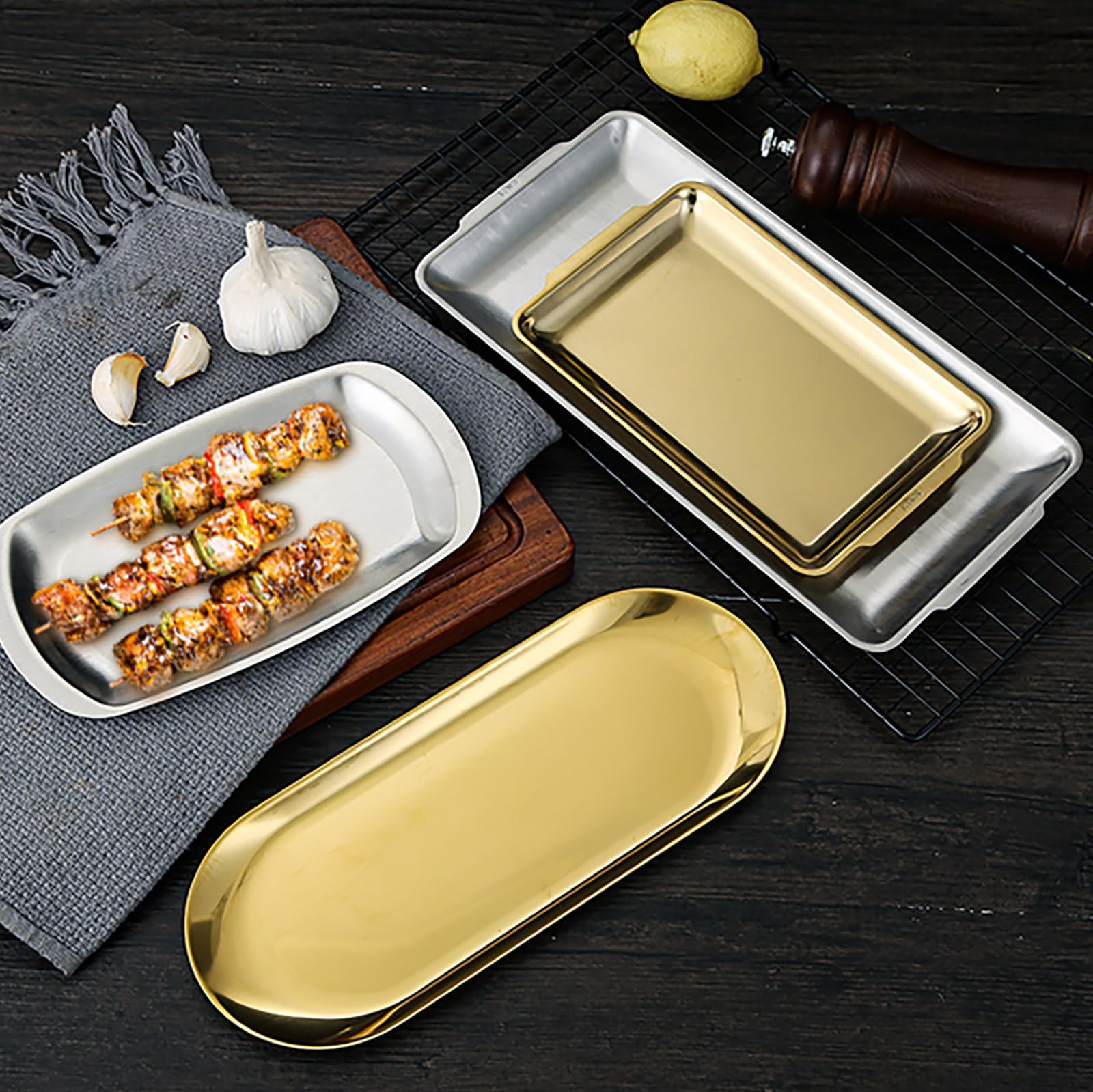 Bandeja de barbacoa de acero inoxidable 304 con base plana rectangular para servir vajilla de barbacoa para restaurantes