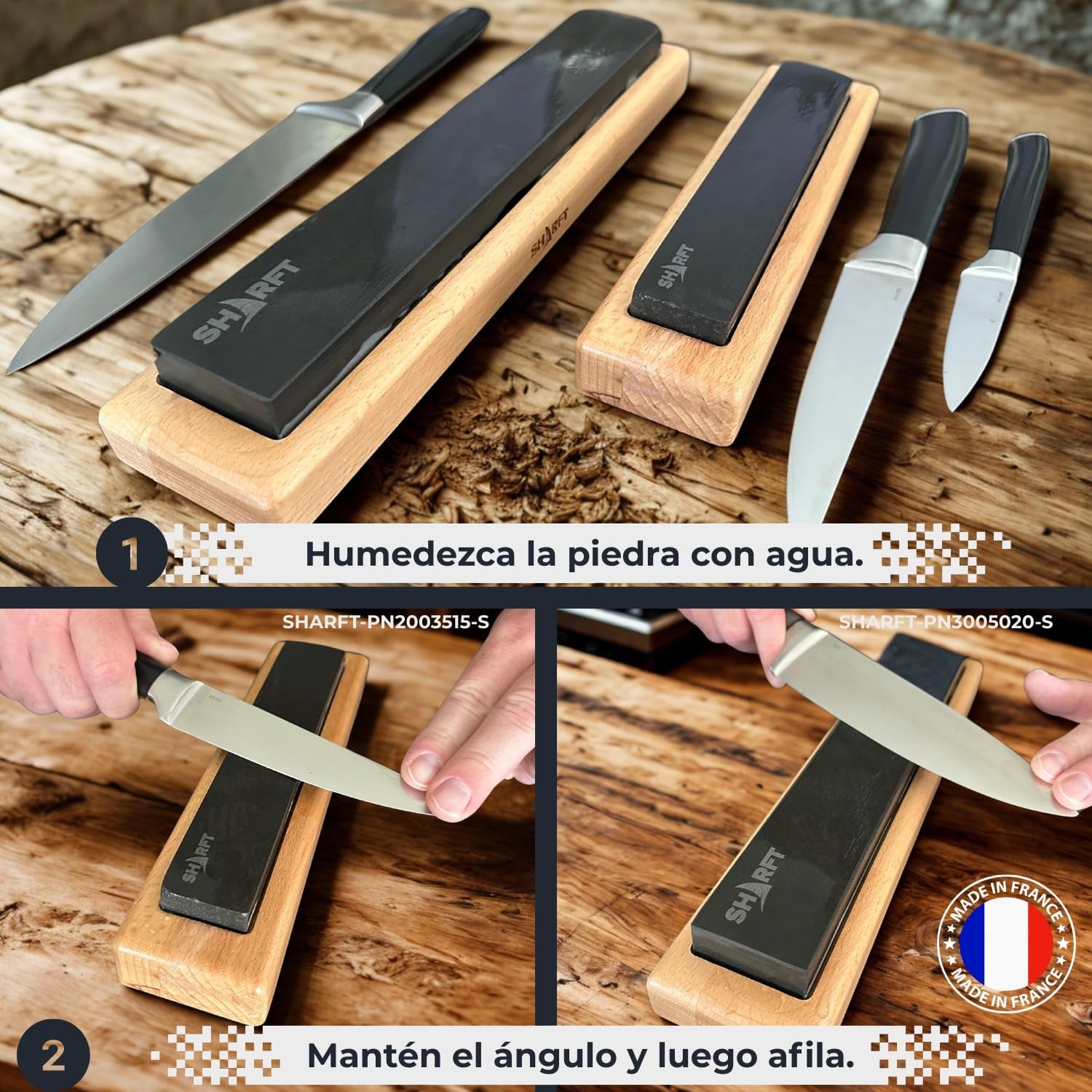 SHARFT, piedra de afilar natural de los Pirineos, equivalente a grano 1000 + base de madera. Piedra de afilar de 300 mm. Afilador de cuchillos de cocina, etc. Afilador profesional. MADE IN FRANCE.