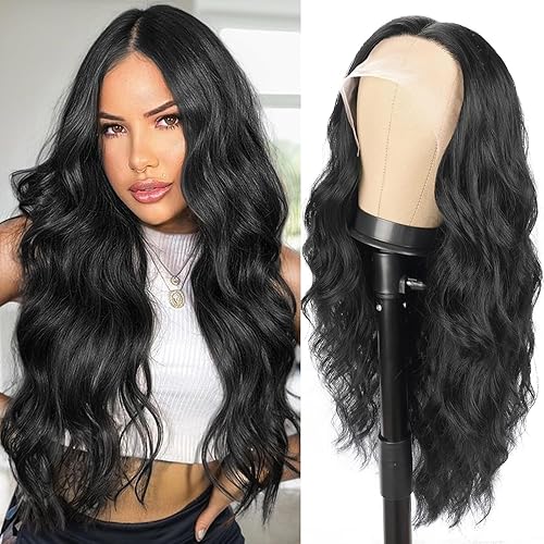 BESSY HAIR Black Lace Front Wig 13x3.5 T Part Curly Wavy Lace Front Wigs for Women 24 Inch Matte Long Black Natural Hair Wig Middle Part Heat Resistant Synthetic Hair for Daily Party Use