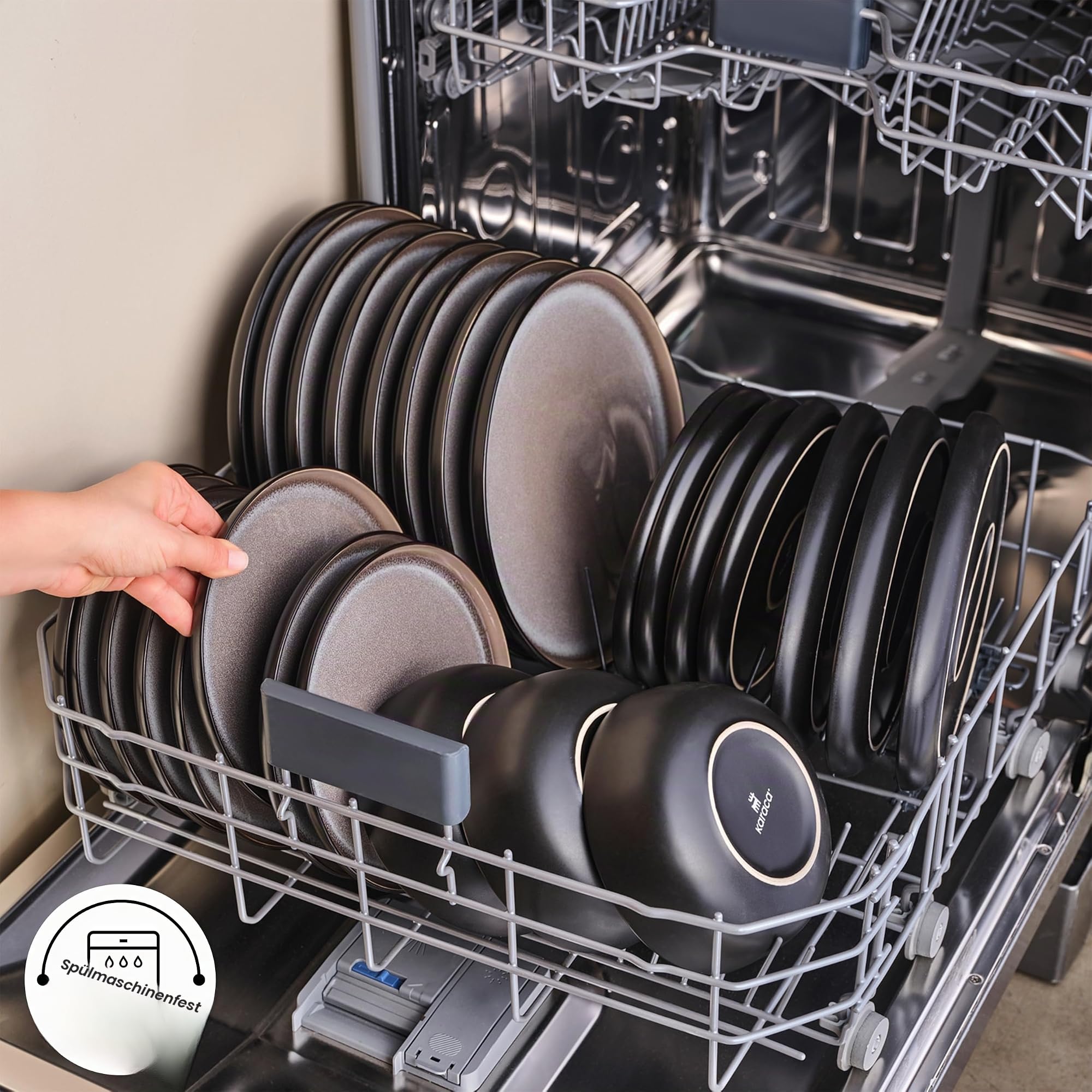 Karaca Mercure - 59-teilig Steingut Geschirrset für 12 Personen, Reaktive Glasur Teller Set mit 12 Servierplatte, Pastateller, Suppenteller, Dessertteller, Steinzeug Geschirr Set Modern - Schwarz