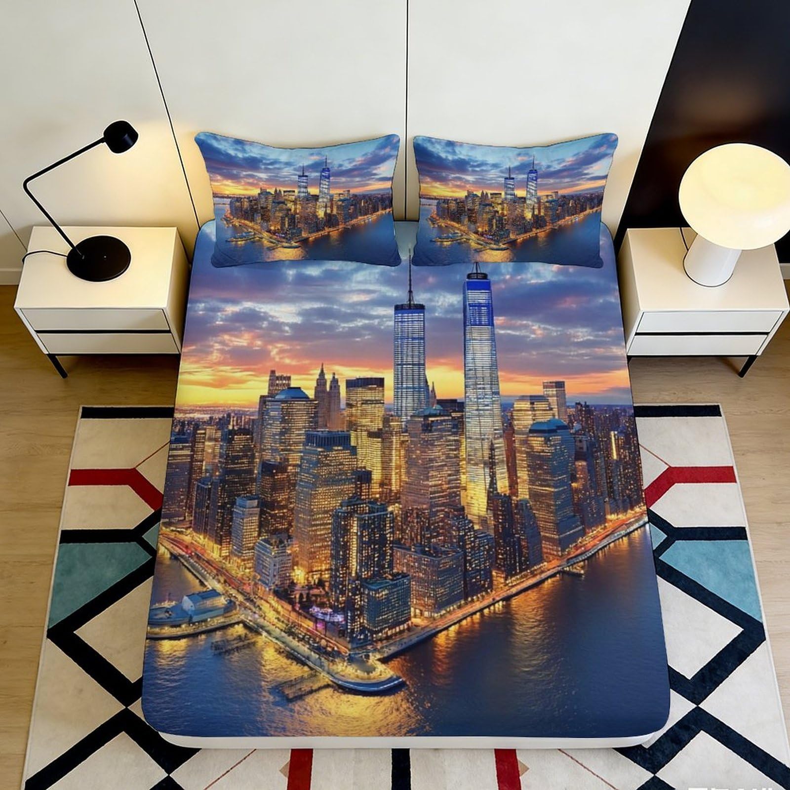 Pnayamiorkfel Style-10 3D Printed New York Skyline Fitted Sheet Microfiber Bedroom Decor City Night Mattress Cover For Home Guest Room 90X200x25cm