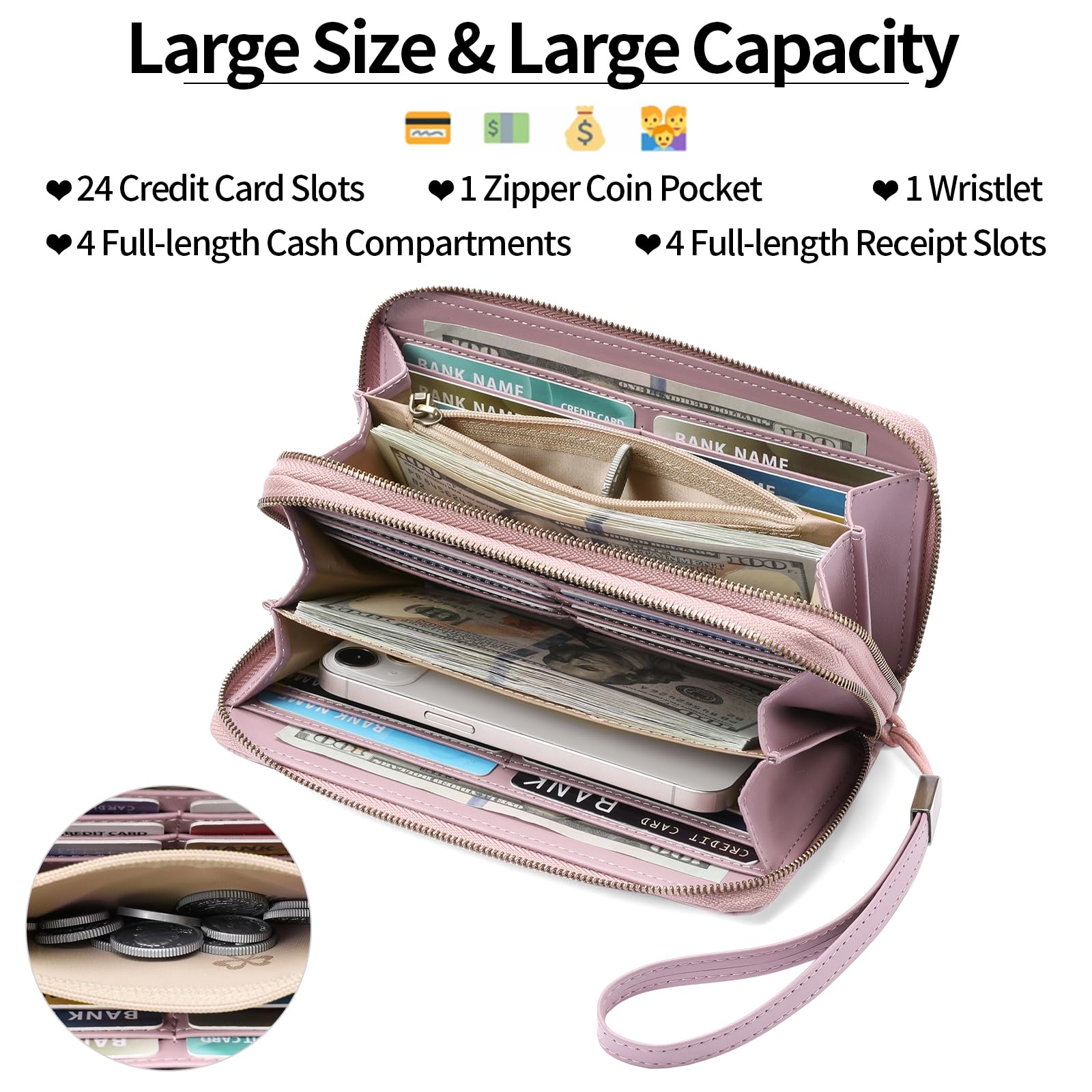 GAEKEAO Portafoglio Donna Grande, Portamonete Vegan in Pelle, Porta Tessere Blocco RFID, Portacarte di Credito, Porta Tessere, Borsellino Doppia Cerniera, Idee Regalo