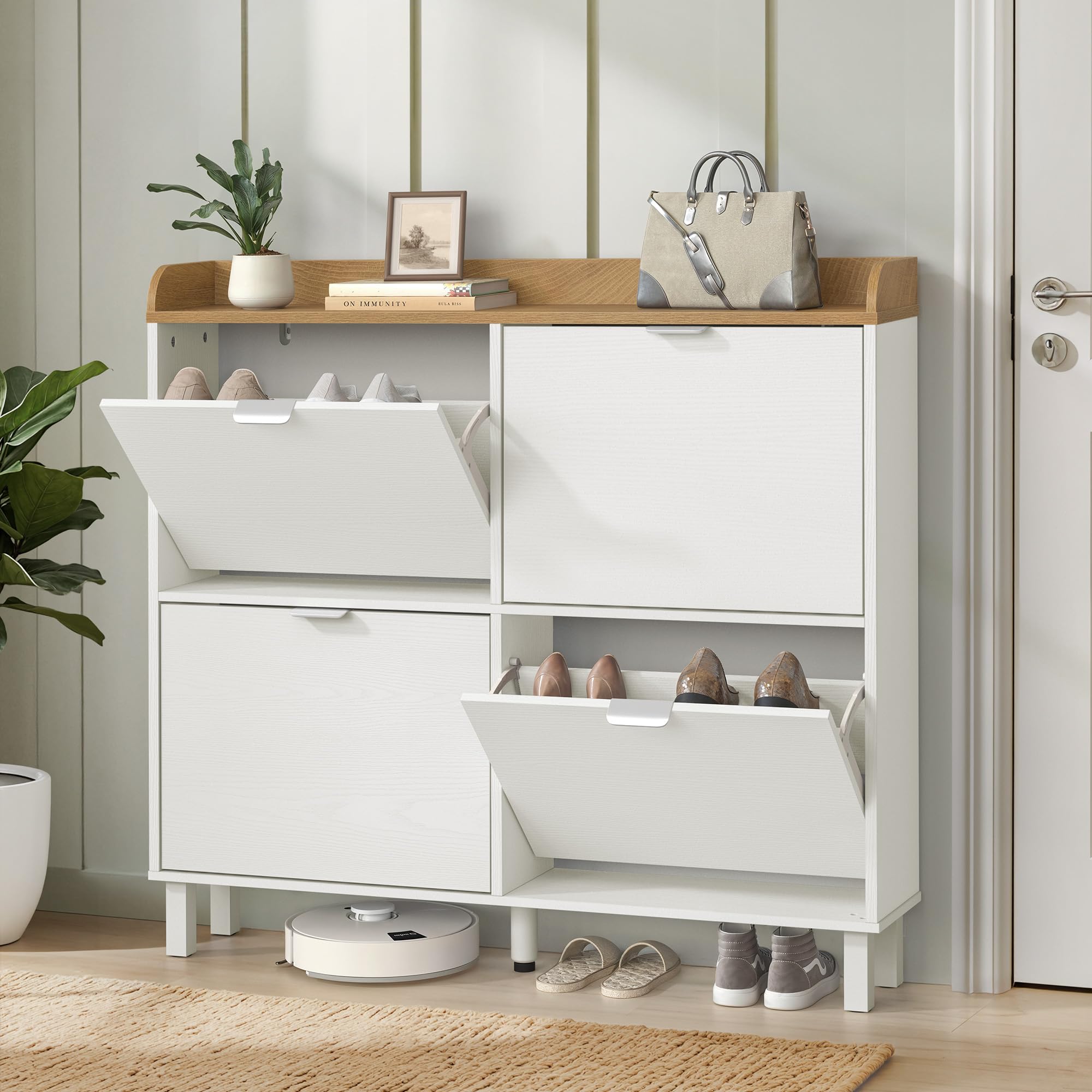 LUE BONA Zapatero, Zapatero Estrecho con 4 Tapas Abatibles, Gabinete Abatible con Base de Madera, Gabinete Cerrado Adecuado para Entrada y Pasillo 100x19x91.5 cm, Blanco.
