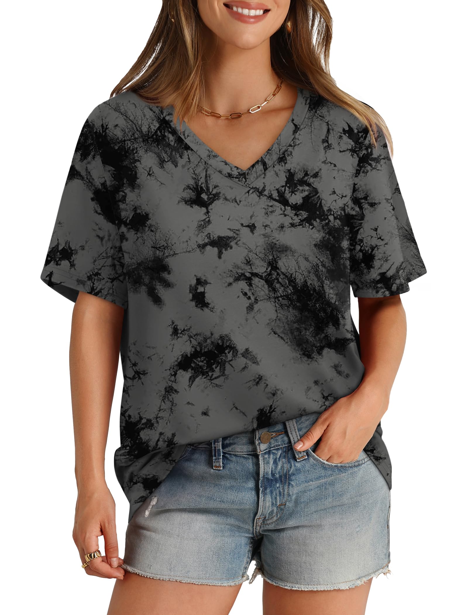AokosorWomens T Shirts V Neck Short Sleeve Casual Loose Tees Tops 2024 Trending Now