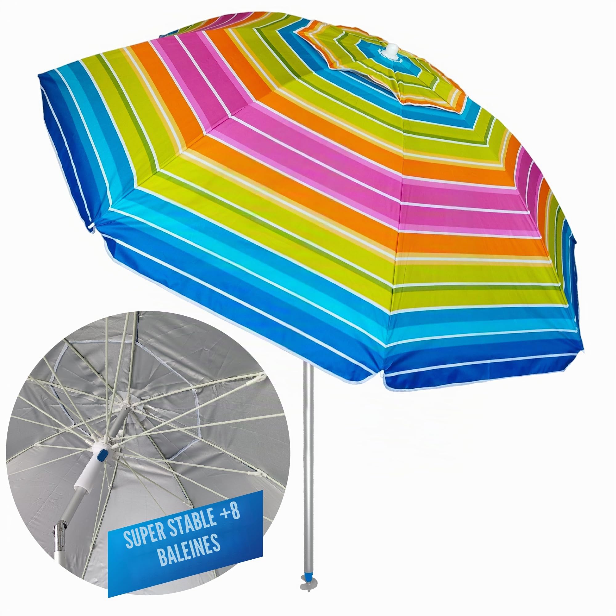 Pincho Grand parasol de plage 200 cm, anti-vent jusqu'à 35 km/h, aluminium, 8 + 8 baleines en fibre de verre, poids 1,6 kg
