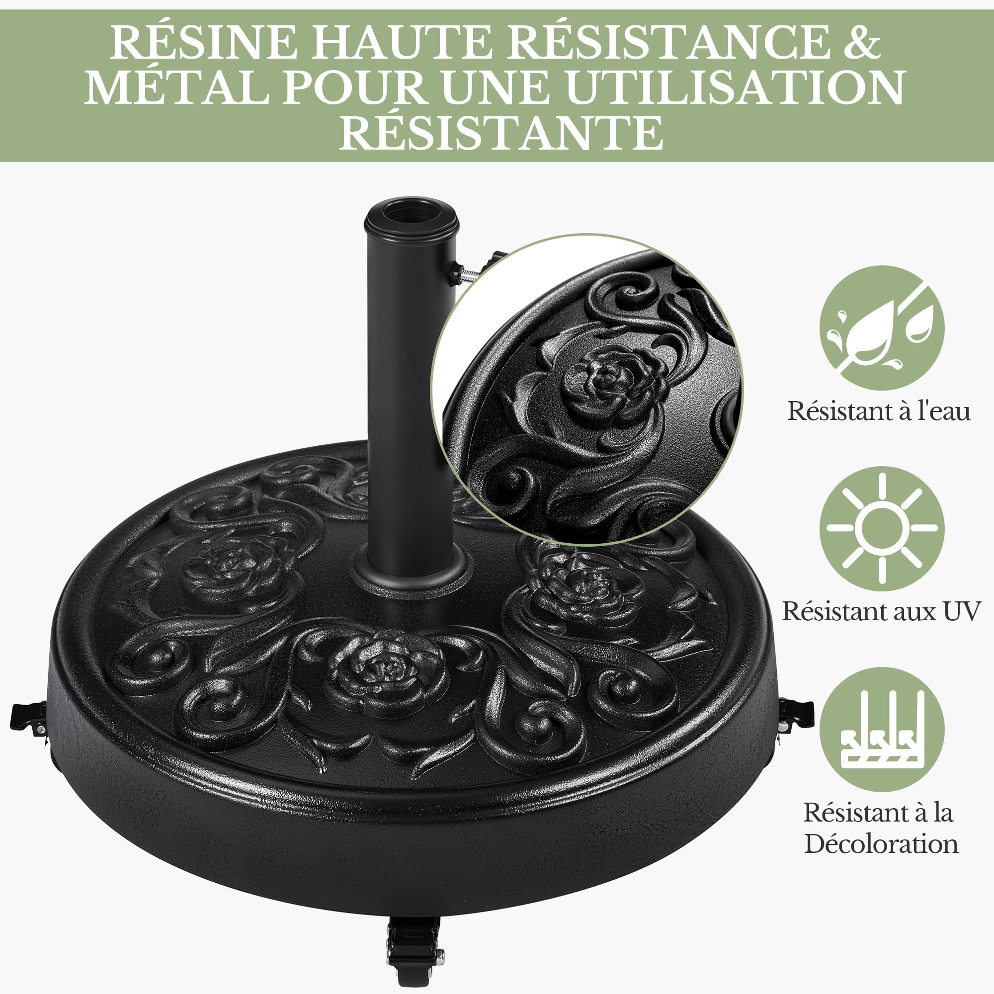 Yaheetech Pied de Parasol à roulettes 25 KG, Base de Parasol Vintage à Motif Rose pour Mât de Ø 34mm/38mm/48mm du Parasol, Support Pied Parasol pour Jardin, Terrasse, Plage (Noir)