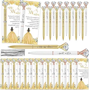 25 Sets Quinceanera Party Favors Sweet 15 Diamond Pens Fancy Ballpoint Pens with Crystal Birthday Party Thank You Cards and Ties Thank You Gifts for Guests Back School(White, Gold)
