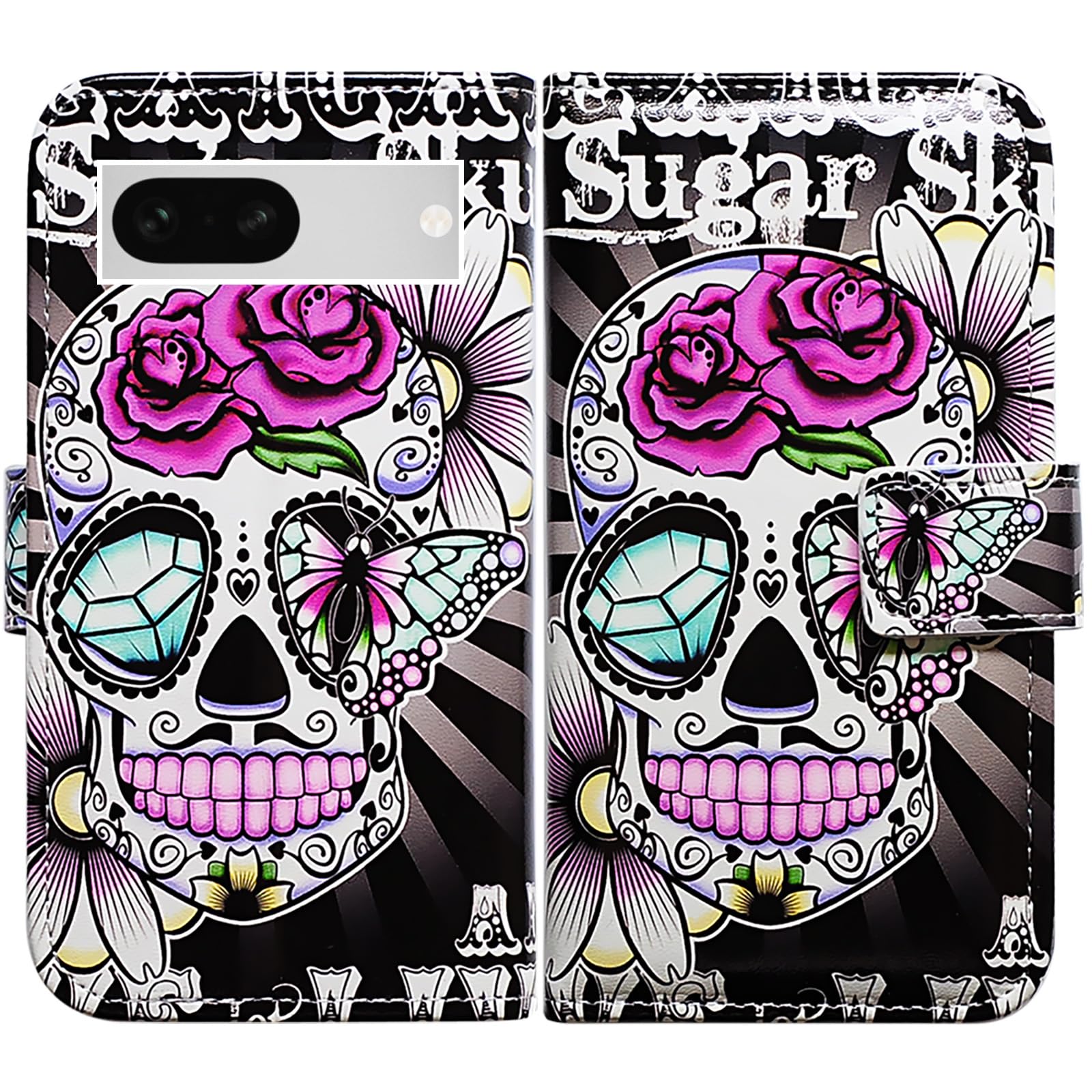 BcovCase for Pixel 8a,Purple Flower Sugar Skull Leather Flip Phone Case Wallet Cover with Card Slot Holder Kickstand for Google Pixel 8a