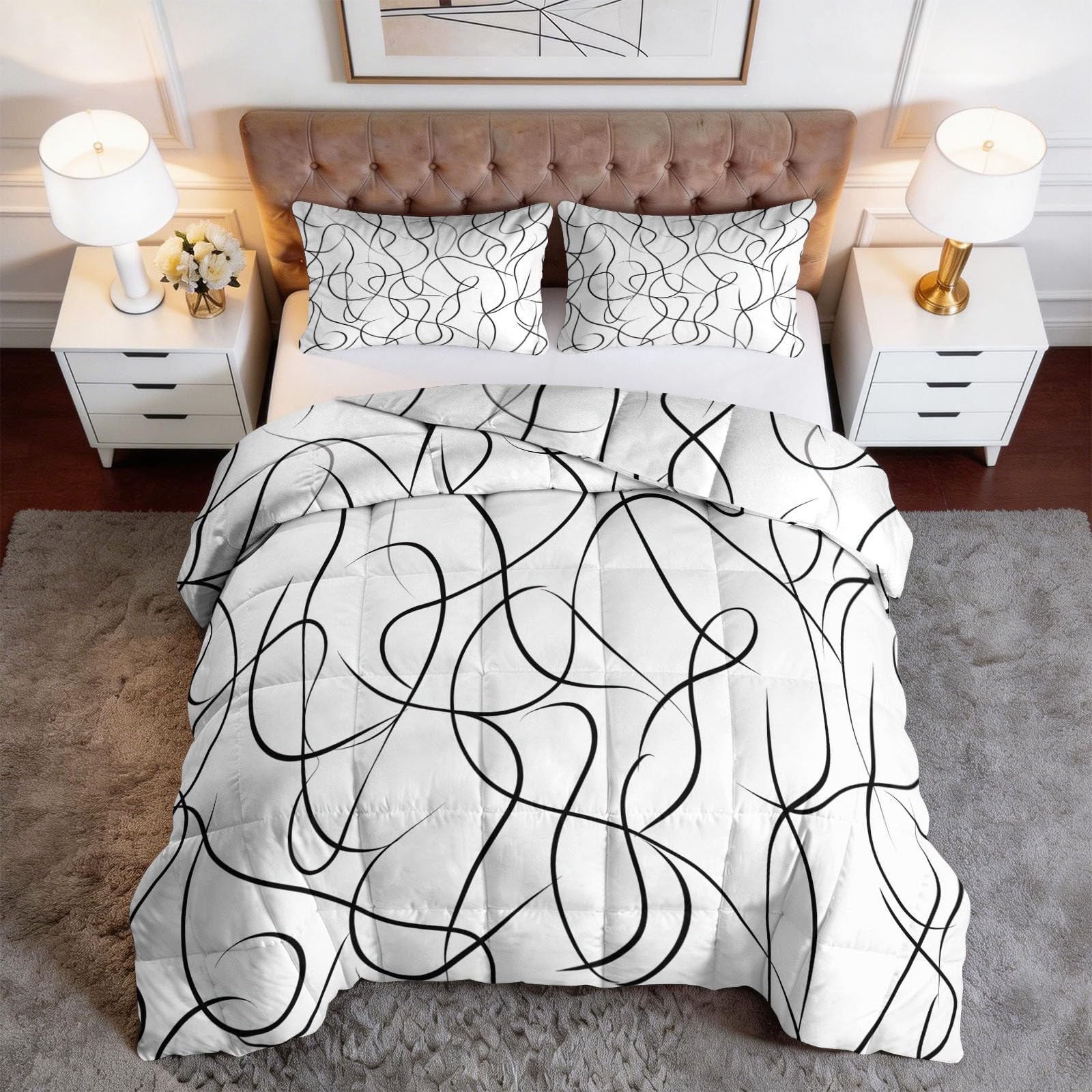 Générique Abstrakcyjna Geometria Labirynt Pikowana Kołdra 4 pory roku 140 x 200 cm Oddychająca i super miękka czarna kołdra hipoalergiczna Kołdra bez dwustronnej poszwy Można prać w pralce