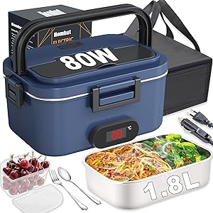 Fiambrera Eléctrica Visualización Temperatura 80W Calentador de Comida Electrico 12/24/230V Fiambreras Comida Trabajo 1.8L para Coche/Camión con Compartimentos y Bolsa de Gris Aislamiento(Azul)