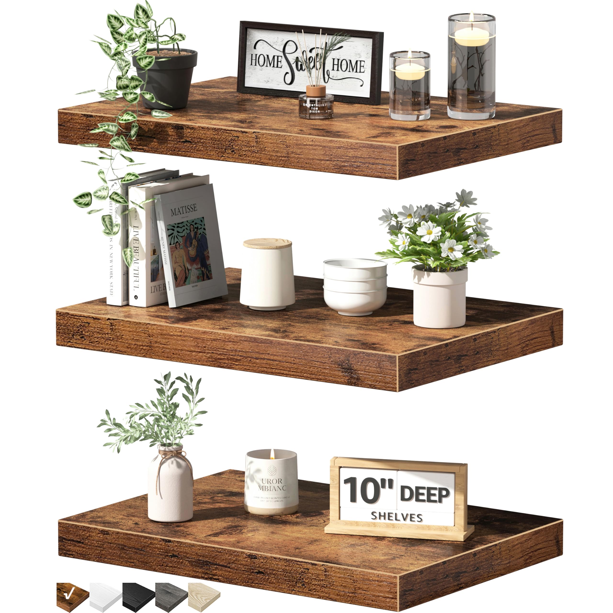 Photo 1 of QEEIG 10" Deep Floating Shelves for Wall - 10 x 16 inch Book Shelf Bathroom Bedroom Kitchen Living Room Hanging Bookshelf Farmhouse Set of 3, Rustic Brown (025-40BN3)