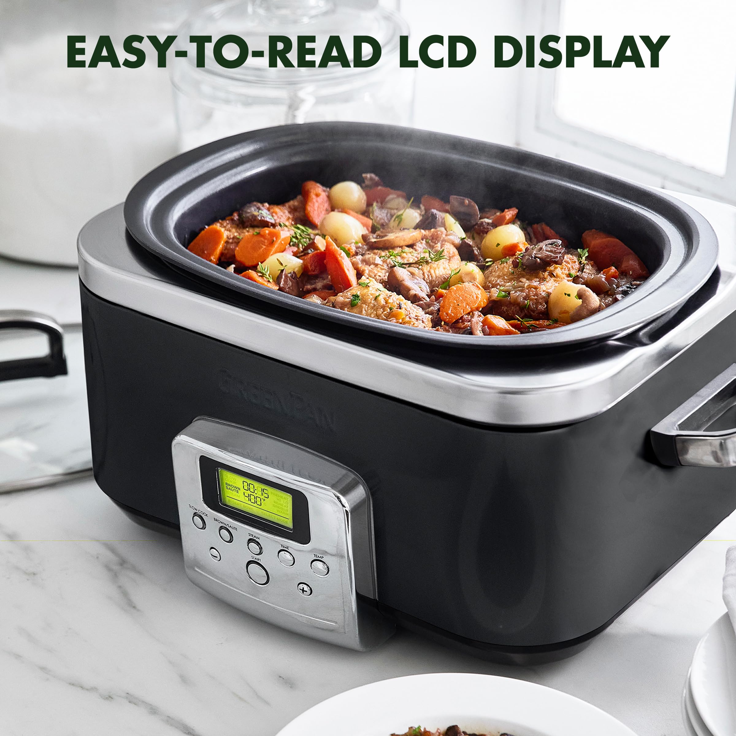 GreenPan Elite 8-in-1 Mijoteuse Programmable 6L, Couvercle et Plateau Amovible Lavable au Lave-Vaisselle, Céramique Non-Adhérente Saine Sans PFAS, Cuisson, Sauté, Panier Vapeur, Rôtissage, Noir