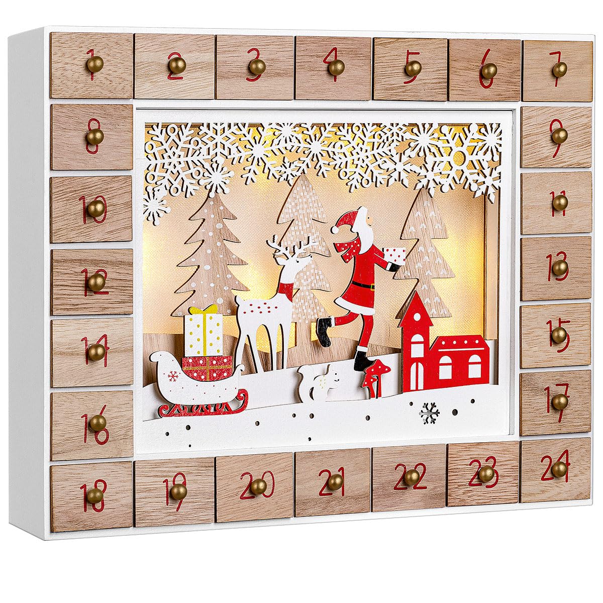 Spielwerk® Calendario de Adviento Madera Navidad Luces LED 24 Cajones Adorno para Rellenar Decoración Navideña 2025