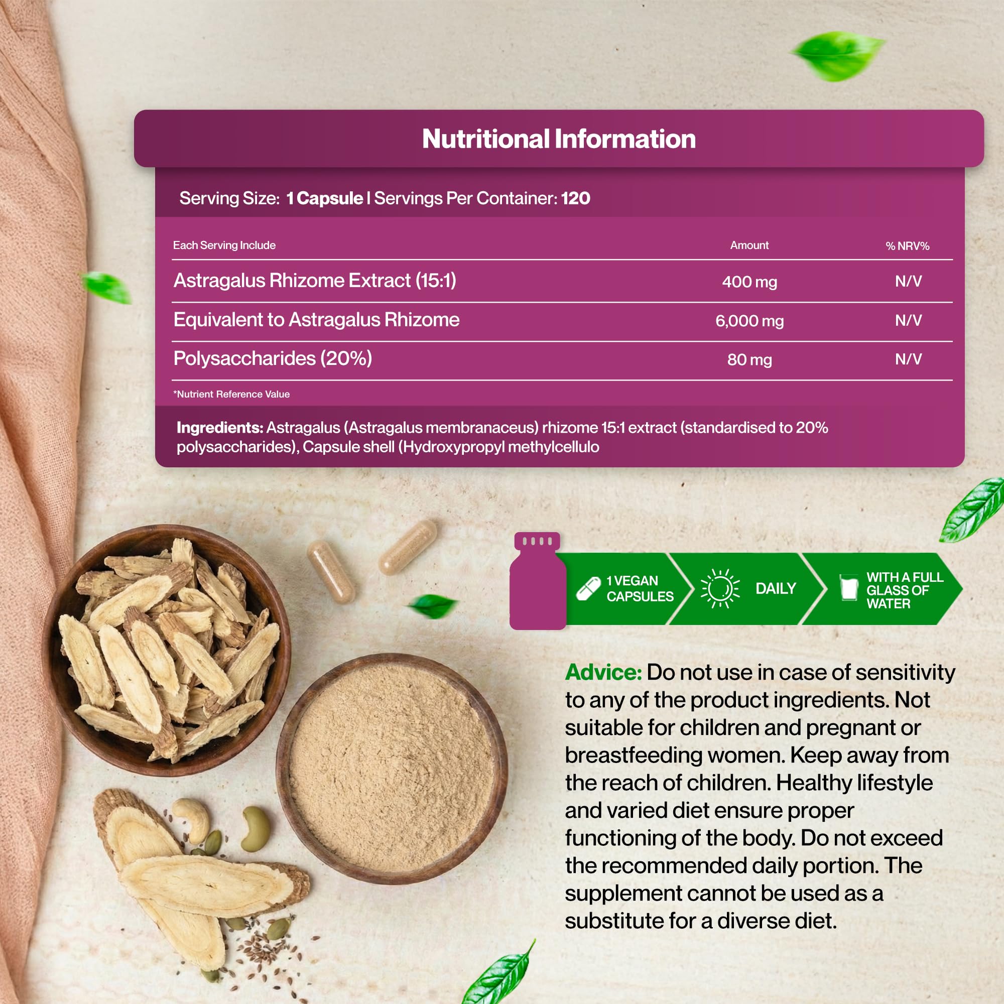 Hepatica Astragale Membranaceus 6.000 mg Équivalent | Extrait 15:1 400 mg | Standardisé à 20% de Polysaccharides (80 mg) | 120 Gélules Véganes | GMP & laboratoire indépendant