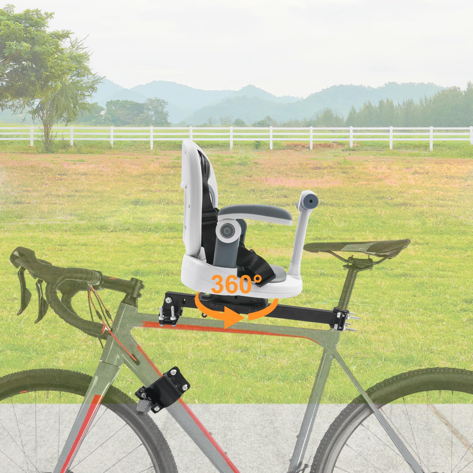 Siège de vélo avant pour enfant avec rotation à 360 °, siège de vélo pour enfant avec ceinture de sécurité et accoudoirs réglables, repose-pieds pliable, convient pour 6 mois à 8 ans