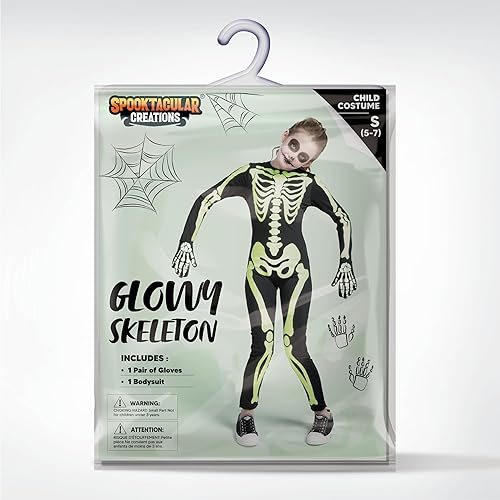 Miniatura 5 de Spooktacular Creations Disfraz de esqueleto para niños, overol unisex de esqueleto que brilla en la oscuridad con guantes para niños y niñas
