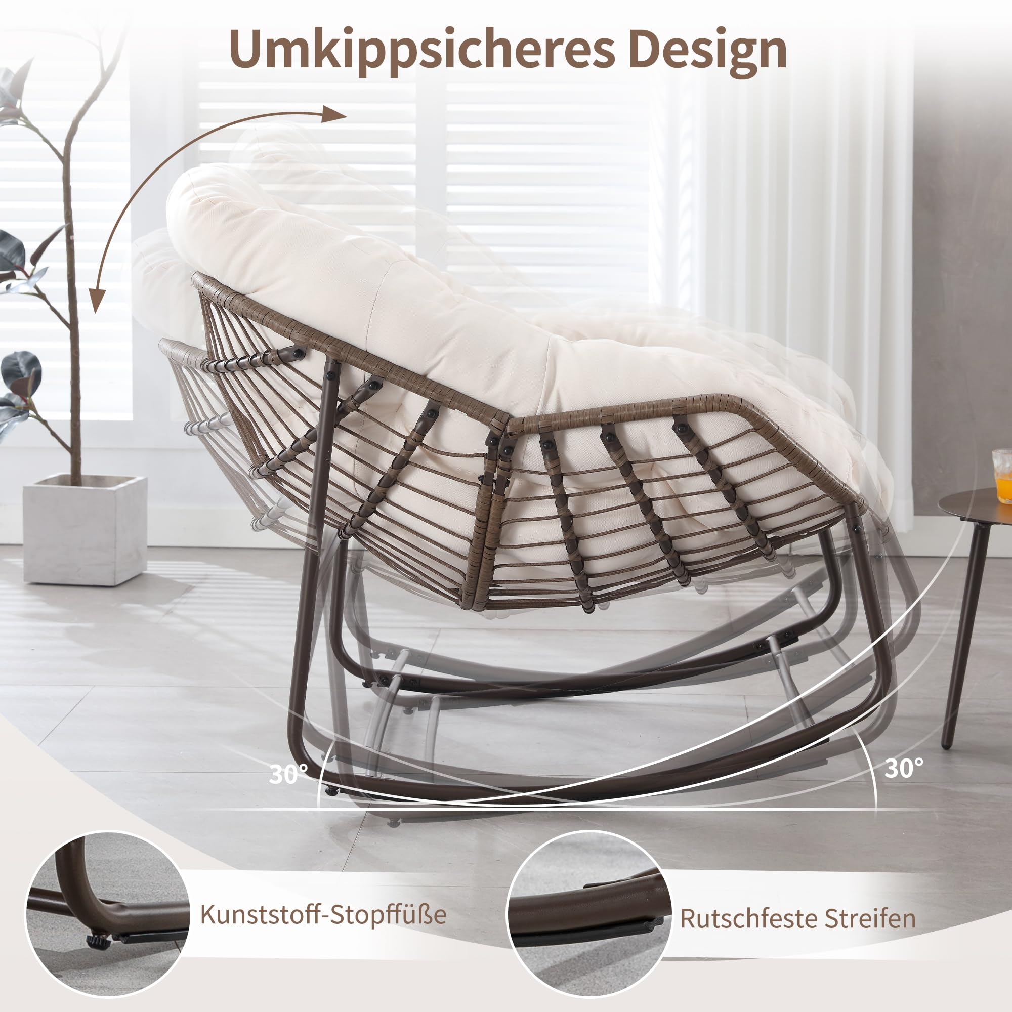 Outdoor Patio Schaukelstuhl-Set aus 2, Überdimensionierter Papasan-schaukelsessel für Innen mit Gepolstertem Kissen - Ei-Schaukelstuhl für Wohnzimmer, Veranda, Garten, Terrasse, Hinterhof