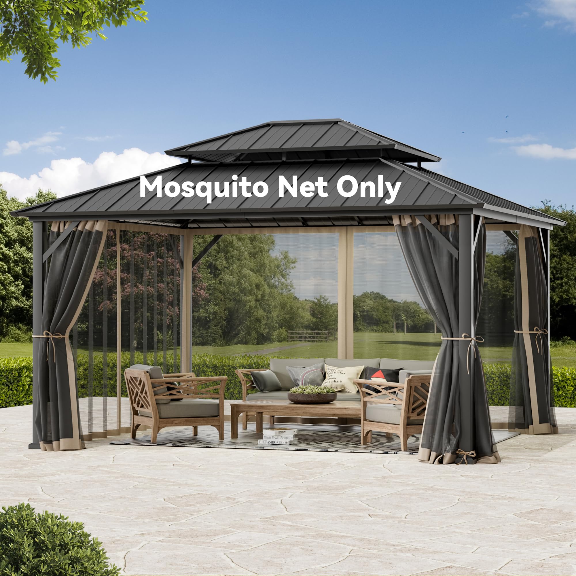 Covered Outdoor Gazebo Mosquito Netting Replacement Universal 4-Panel Sidewalls 12' x 14', Outdoor Gazebo Mosquito Nettings with Double Zipper, Replacement for Patio Canopy, Garden (Mosquito Net Only)-image-11