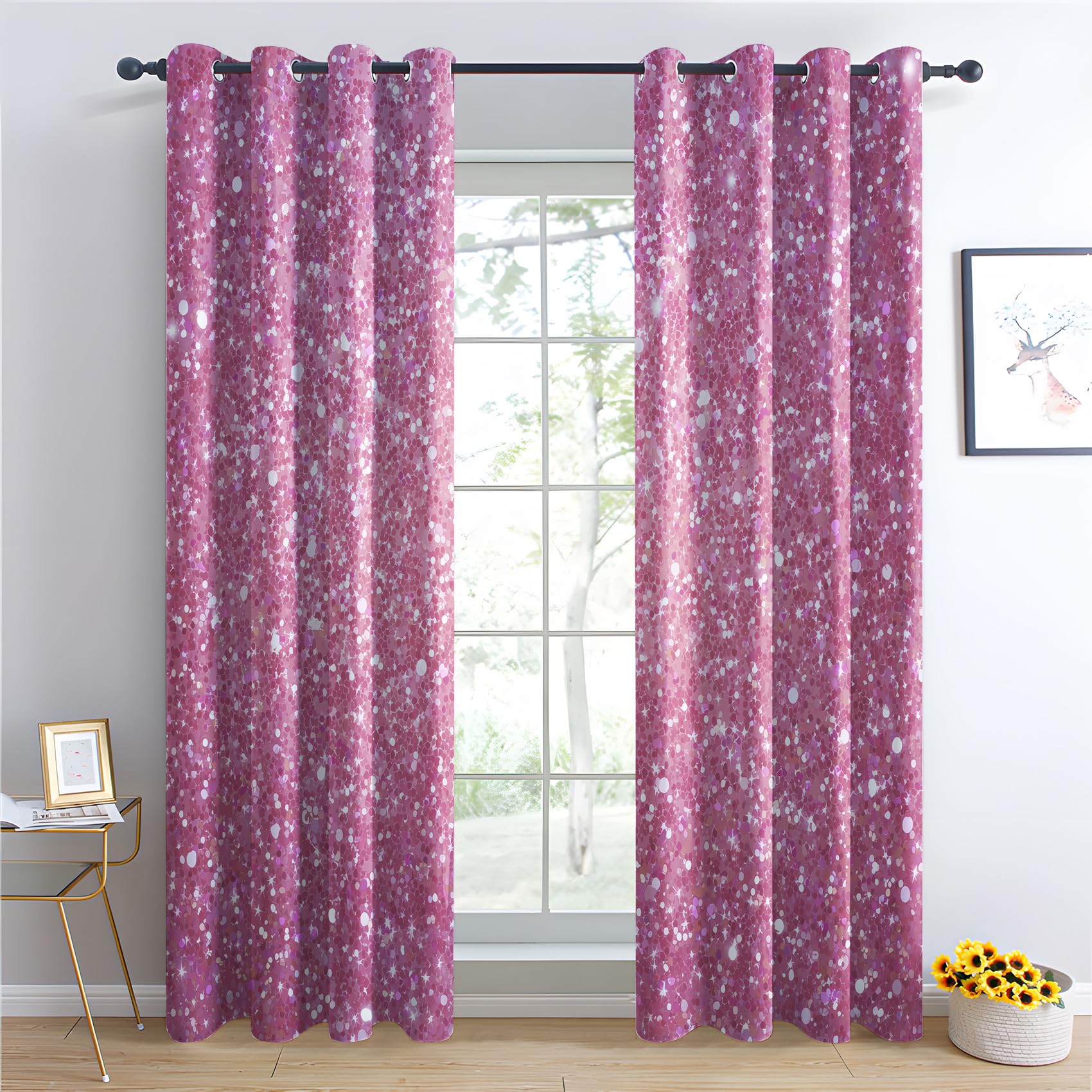 Venivici Pink Glitter Blackout Curtains for Bedroom Living Room - 84 Inch Drop Curtains Eyelet, Girls Sparkle Star Luxury Patterned Window Treatments, Thermal Insulated Drapes 52x84 2 Panels