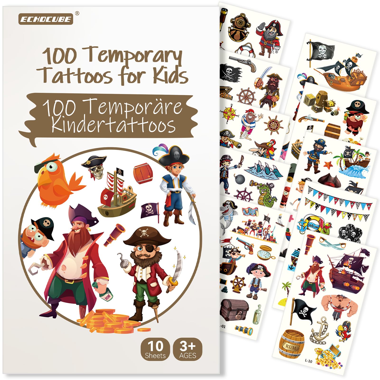 ECHOCUBETemporary Tattoos for Kids,10 Sheets (100 Patterns) Pirates Theme Cartoon Waterproof Fake Tattoo Sticker Set,Birthday Party Bag Fillers for Boys Girls Gifts