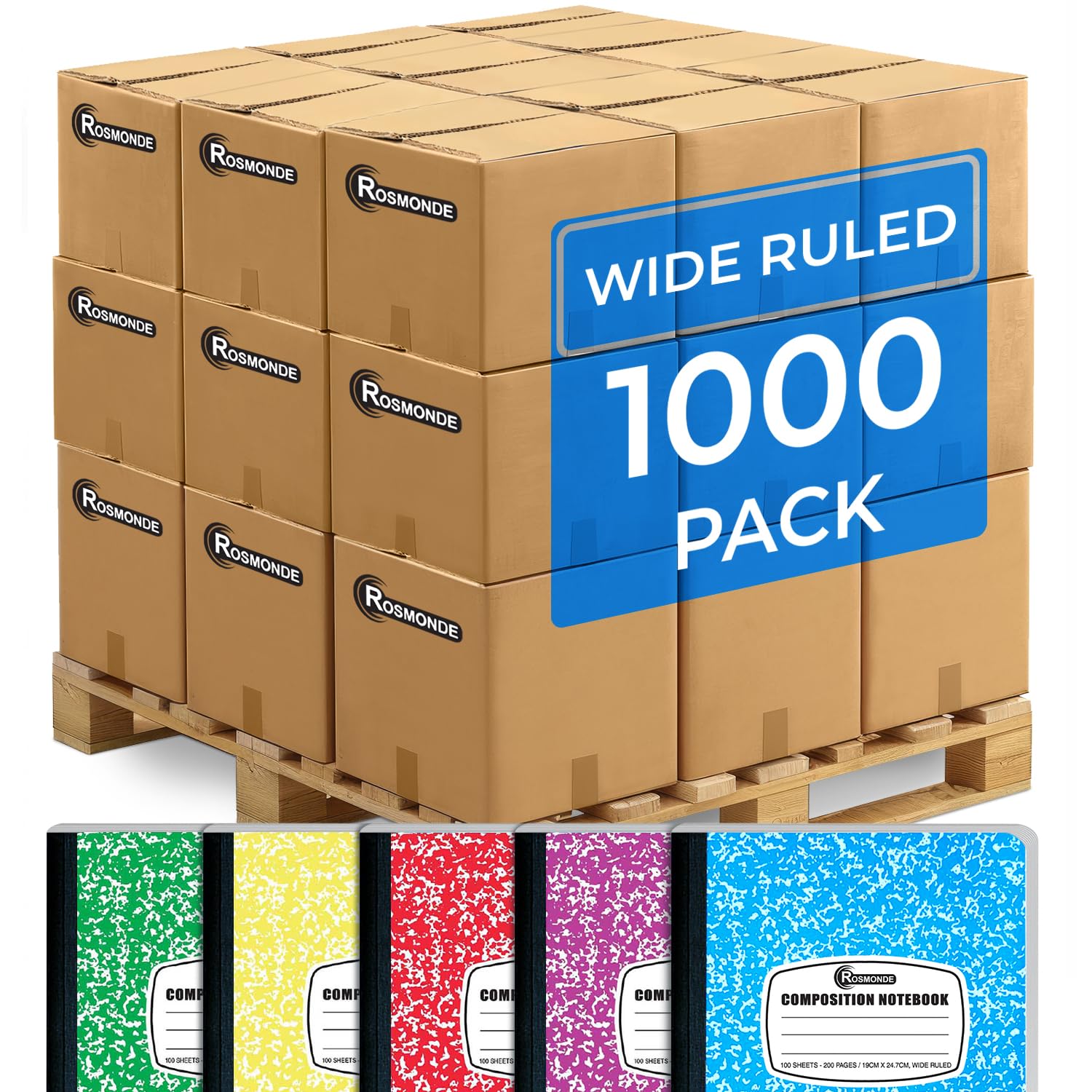 Rosmonde 1000 Pack (Pallet) Composition Notebooks Bulk, Wide Ruled, Pallet of Composition Notebooks, 100 Sheets (200 Pages), 9-3/4 x 7-1/2, Bulk Notebooks for School & Office, 4-7 Days Transit
