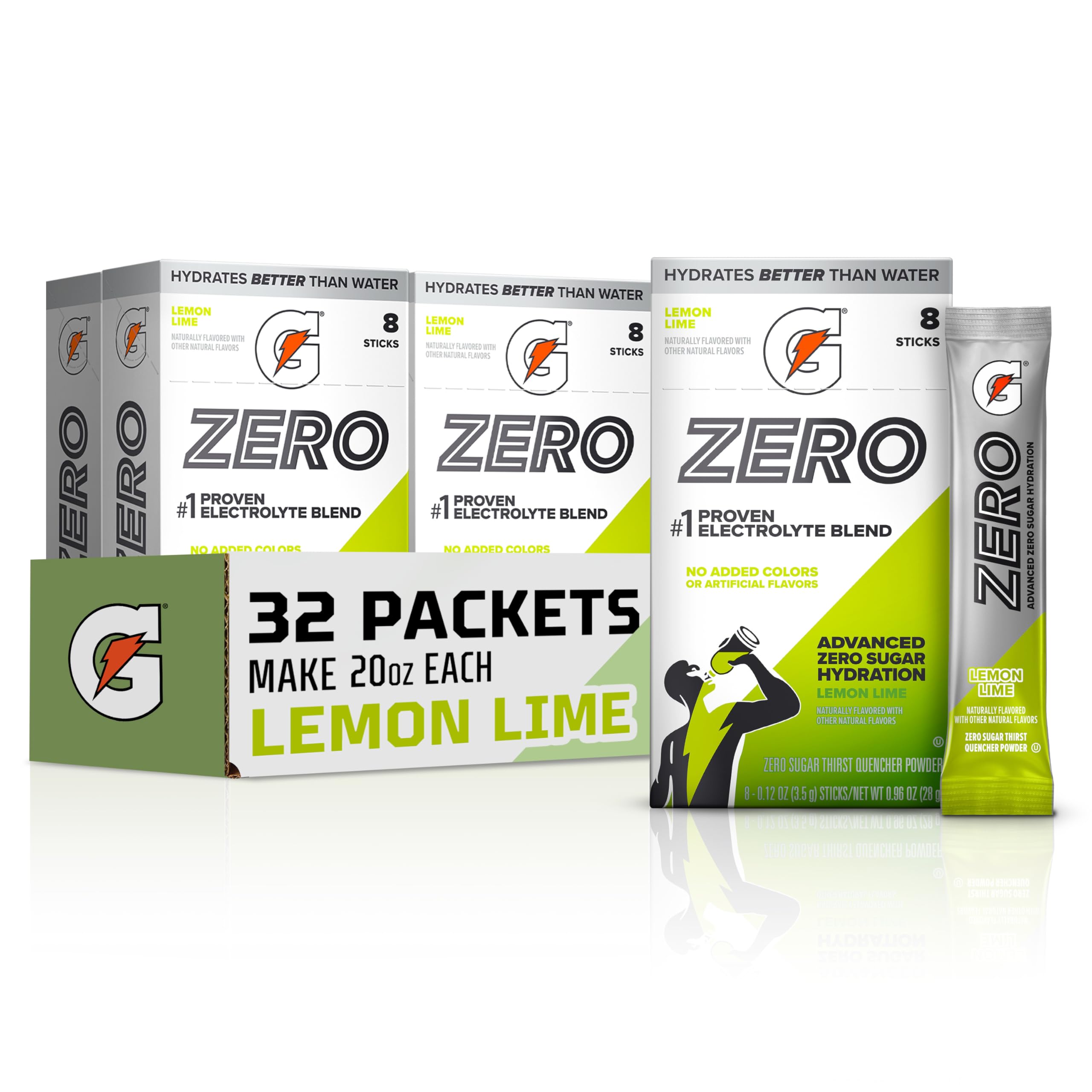 Gatorade Zero Sugar Electrolyte Powder Drink Mix, Lemon Lime, (32 Servings), No Artificial Flavors, No Added Colors, Zero Sugar, Sports Drinks, Hydration, Electrolyte Drink