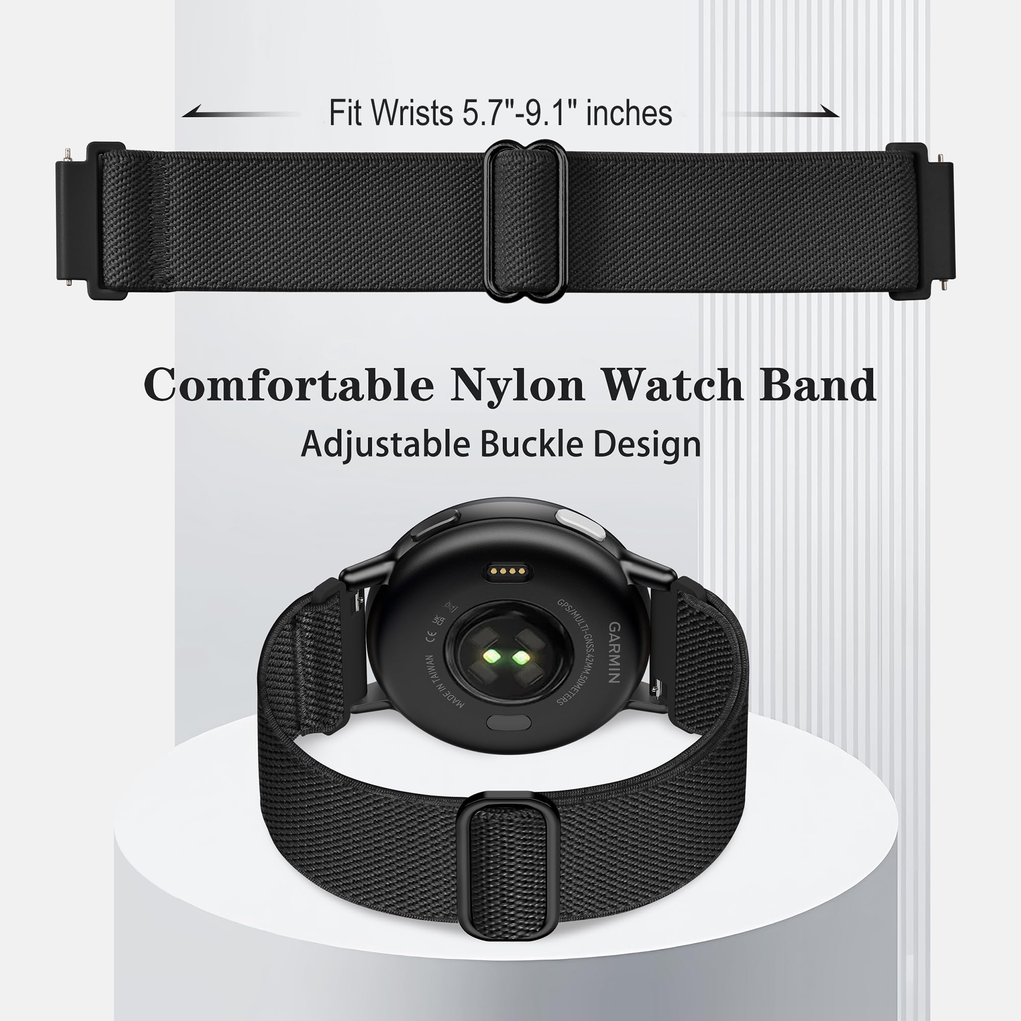 Laband 20mm Nylon Watch Straps for Garmin Vivoactive 6/5/3/3 Music/Forerunner165/55/645/245/570 42mm band, 5 Pack Soft Stretchy Fabric Adjustable Replacement Sport Straps for Venu/Venu Sq 2 Women Men - 4