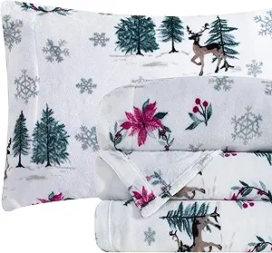 Elegant Comfort Luxuriously Soft 4-Piece Holiday Velvet Plush Flannel Sheet Set - Premium Quality - Cozy Warm, Christmas Fuzzy Velvet Flannel Fleece Deep Pocket Sheet Set - King, Christmas Wreath