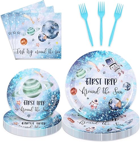 Whaline Juego de vajilla de 100 piezas para el primer viaje alrededor del sol, juego de vajilla temática del espacio exterior, adecuado para