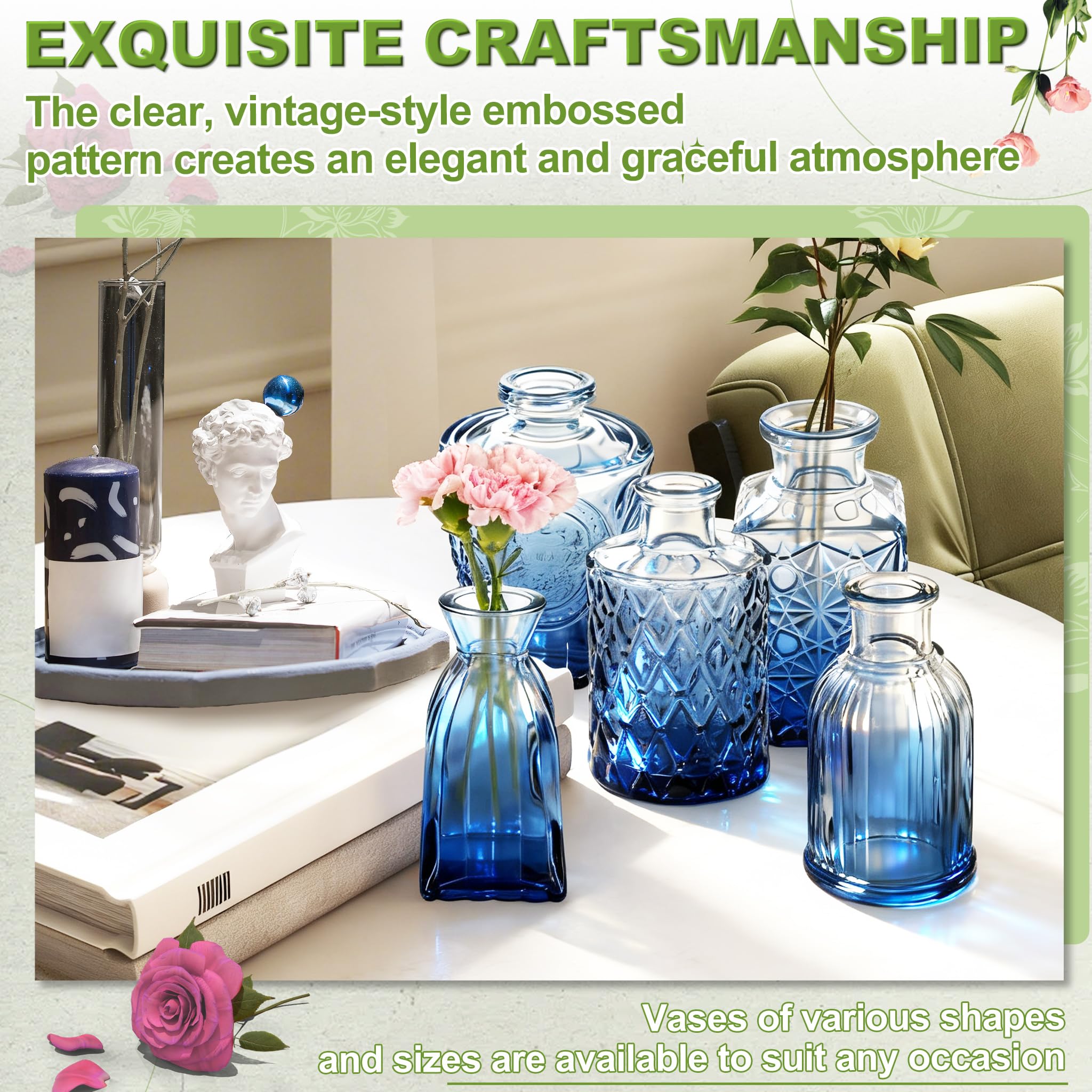 LZQ Mini Glasvasen Set 24 Stück Blau, Kleine Blumenvasen Glas Budvasen Vintage Deko, Glasflaschen Vasen für Blumenarrangements, Tischdeko, Hochzeit, Blumenflasche Dekoration Glas-Budenvasen