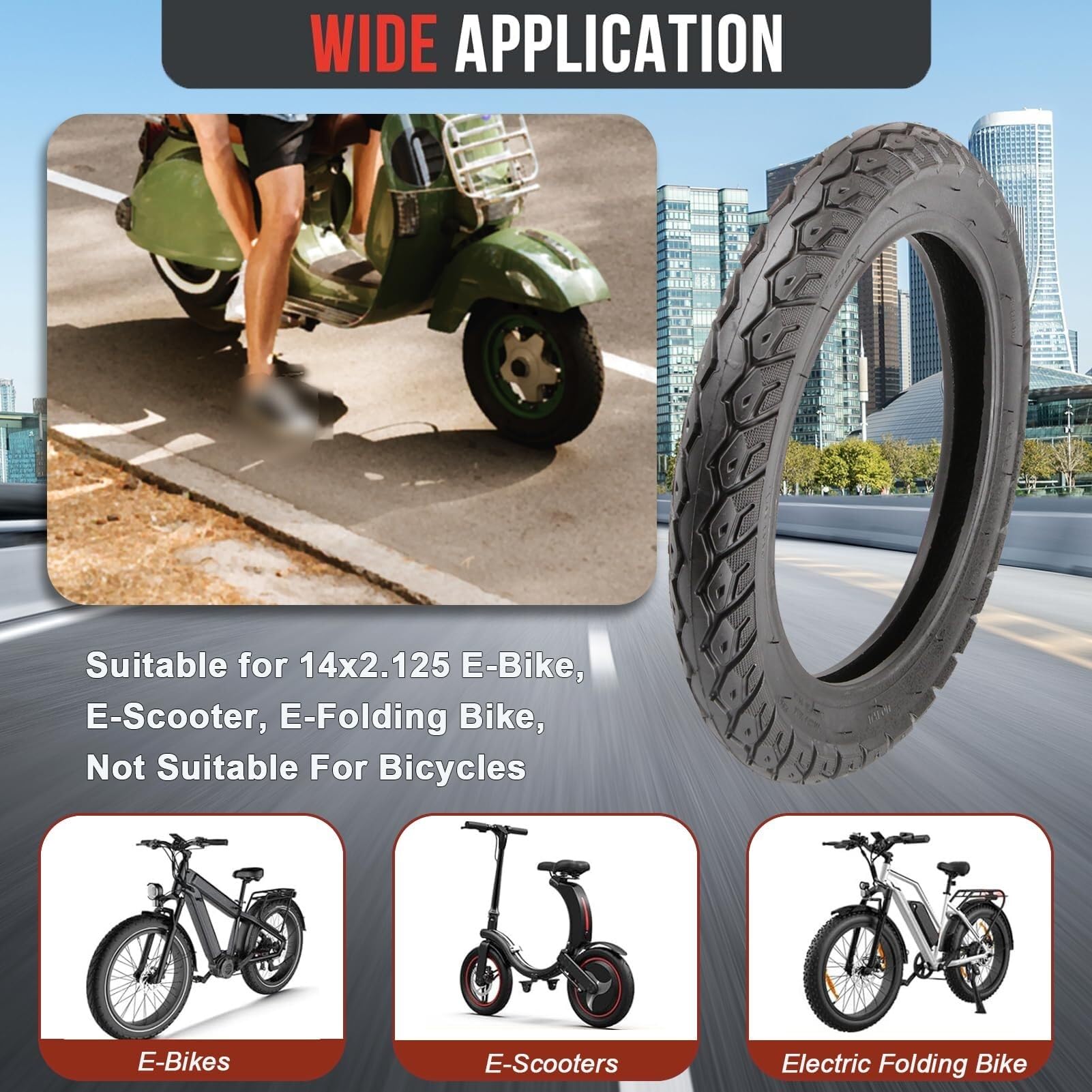 14x2.125/57-254 Opona Tubeless do E-Rowerów, Odporna na Przebicia i Pochyloną Zaworą, Wzmacniona Gumy dla E-Rowerów Składanych i E-Scooterów, Nie dla Zwykłych Rowerów