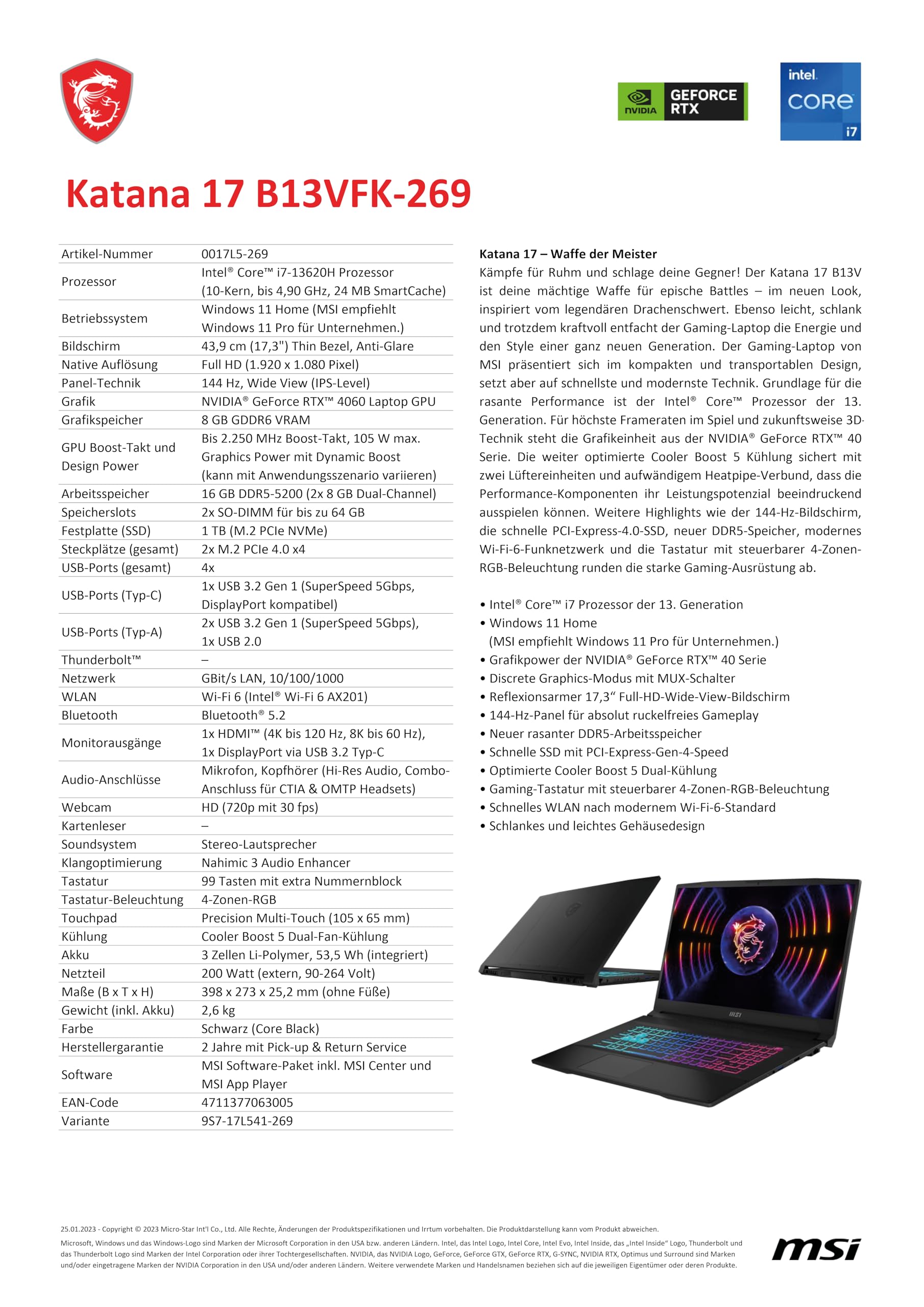 MSI Katana 17, 43,9 cm (17,3 pollici), FHD, 144 Hz, Intel Core i7-13620H, 2x8 GB RAM, 1 TB SSD, RTX 4060 8 GB, Windows 11 Home, tastiera QWERTZ, nera, B13VFK-269