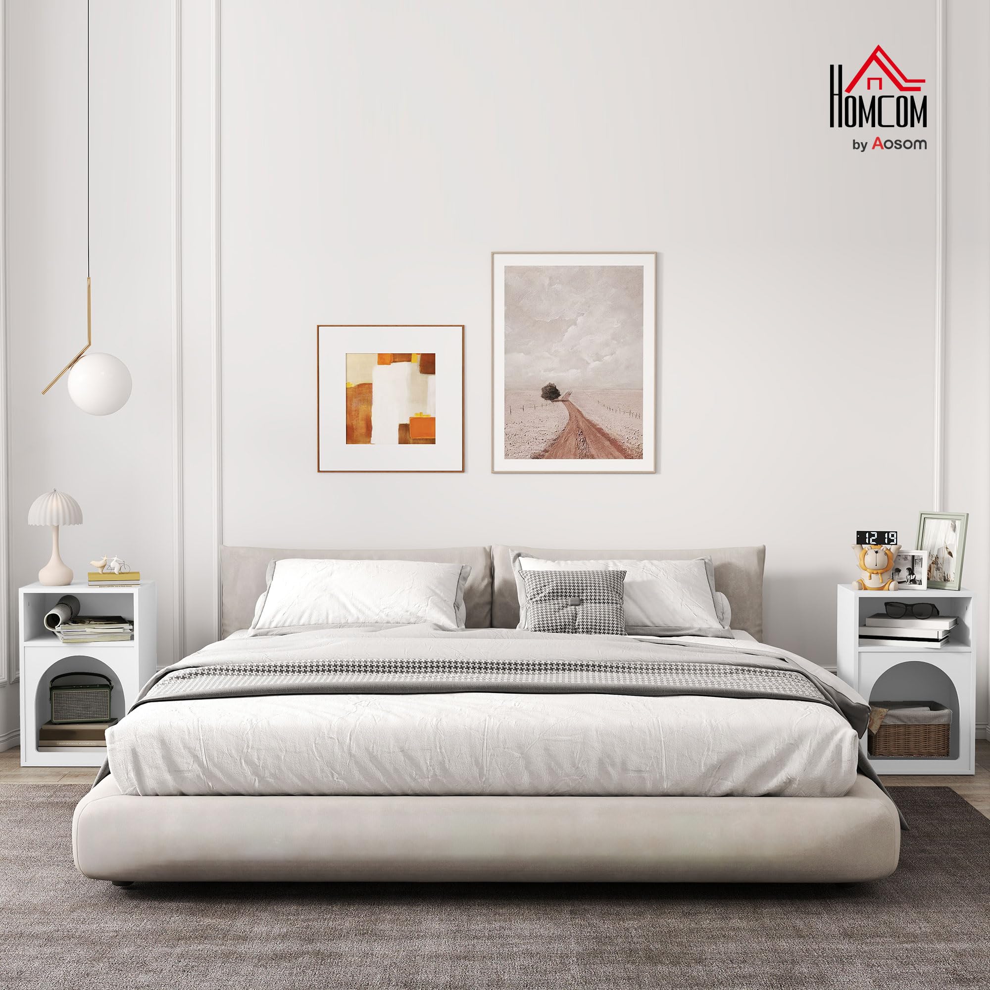 HOMCOM Lot de 2 Tables de Chevet, Table de Nuit avec Compartiments Ouverts, Design arqué, Chevet de lit pour Chambre à Coucher, Salon, 40 x 30 x 60 cm, Blanc