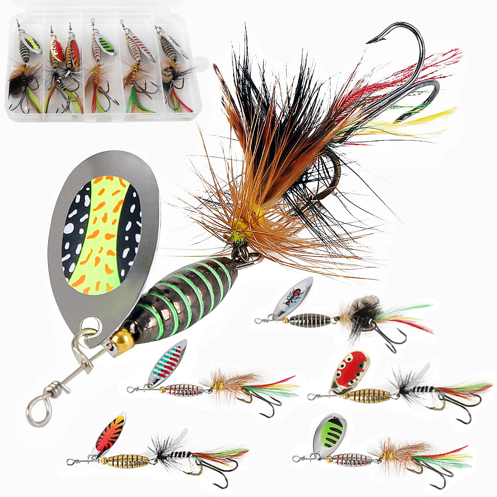 6pcs Fly Fishing Strikers kit,1/4oz 1/3oz Mixed, Simulation Colorful Belly and Wings Spinner Ever,Specialty Hand-Tied Rooster Bait for Trout, Bass, Steelhead Fly Fishing Dry Flies Tackle Box