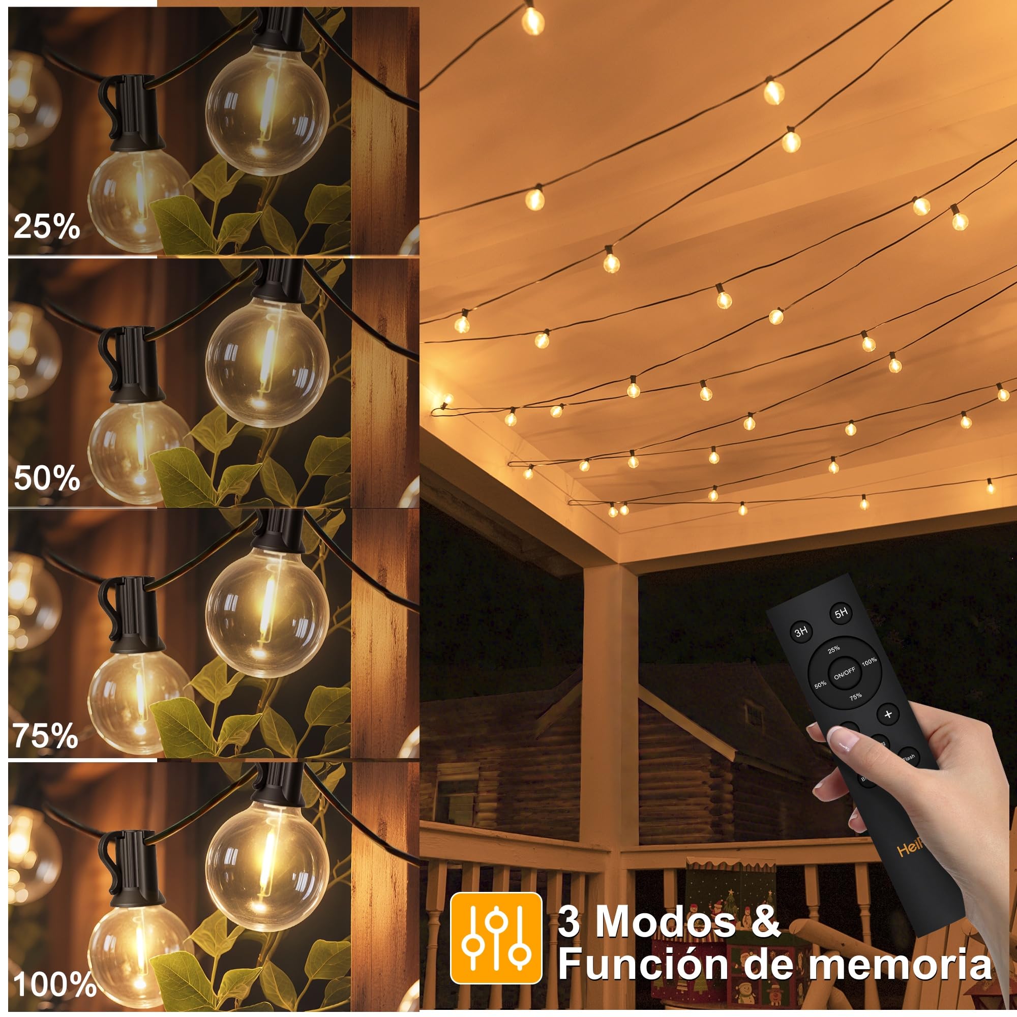 HeiPard Cadena de luces LED solar para exteriores de 20M con 35+2 bombillas G40 ajustable, función de temporizador y memoria, 3 modos, IP45 resistente al agua, luces cálidas con control remoto, para