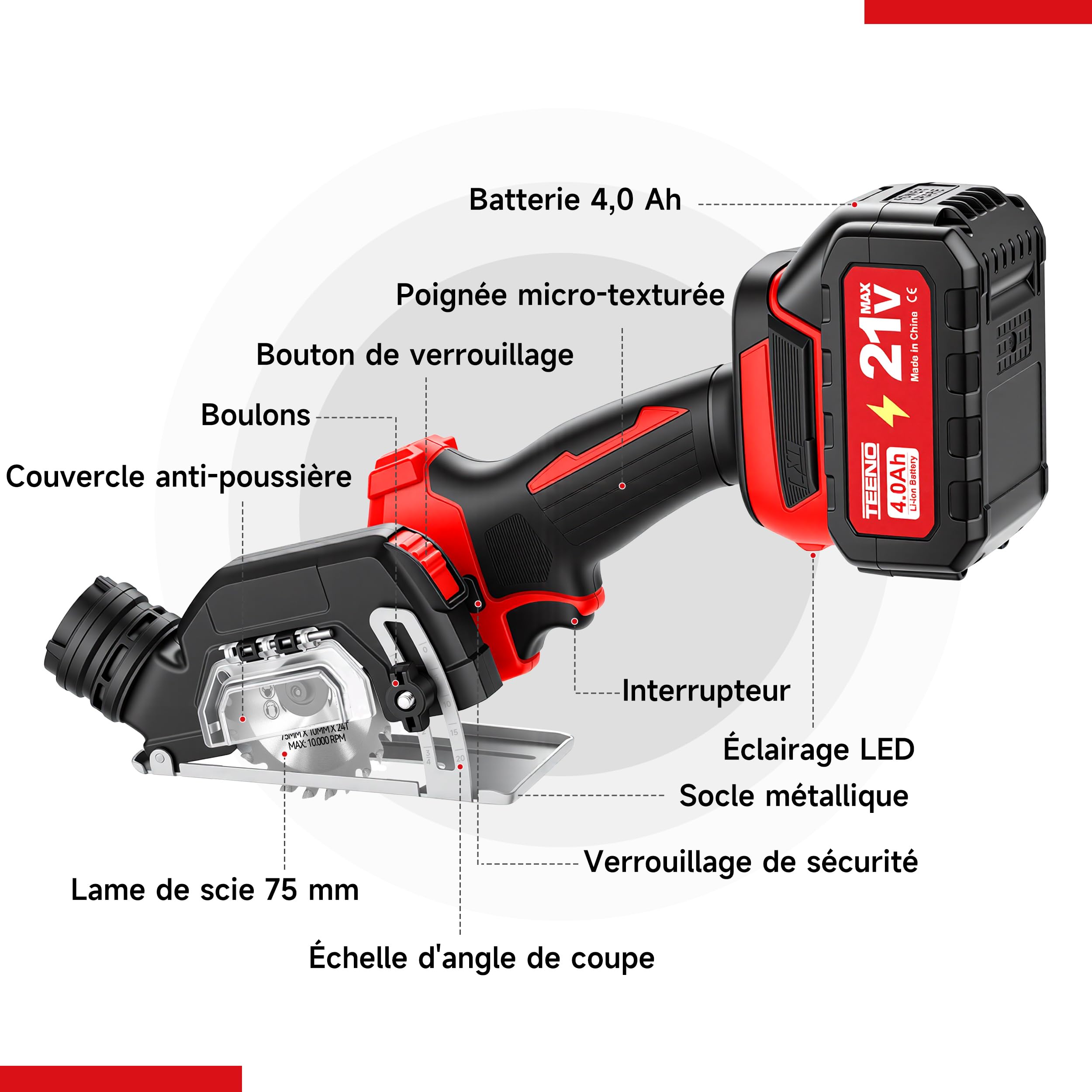 TEENO Scie Circulaire Sans Fil, Coupe Bois et Panneaux, 4 Lames 76mm | 2x4,0Ah Batteries, Compatible Makita Batteries, 20000tr/min, Réglage Profondeur & Biseau 0-45°, Ergonomique, Moteur Brushless